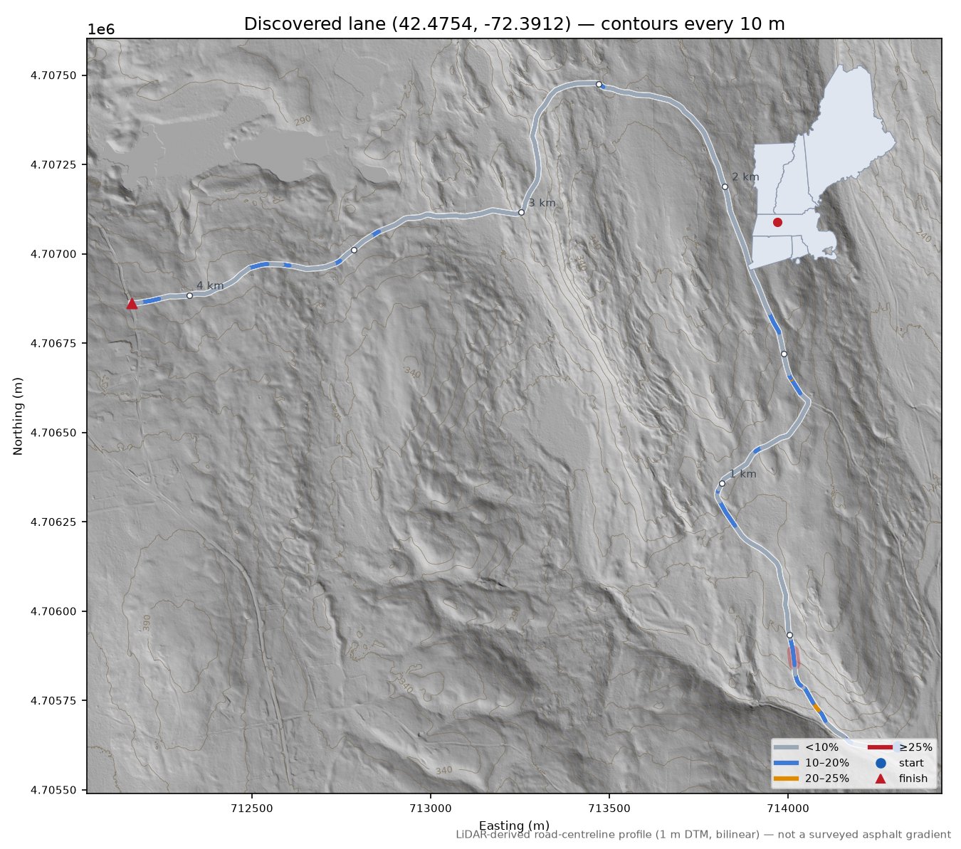 Discovered lane (42.4754, -72.3912) LiDAR hillshade map with contours