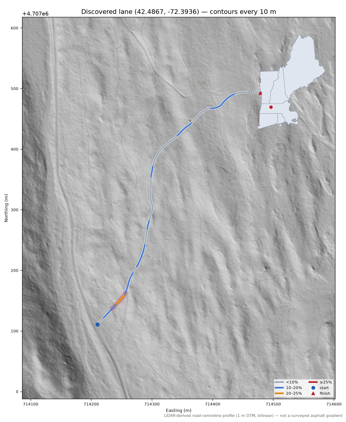 Discovered lane (42.4867, -72.3936) LiDAR hillshade map with contours