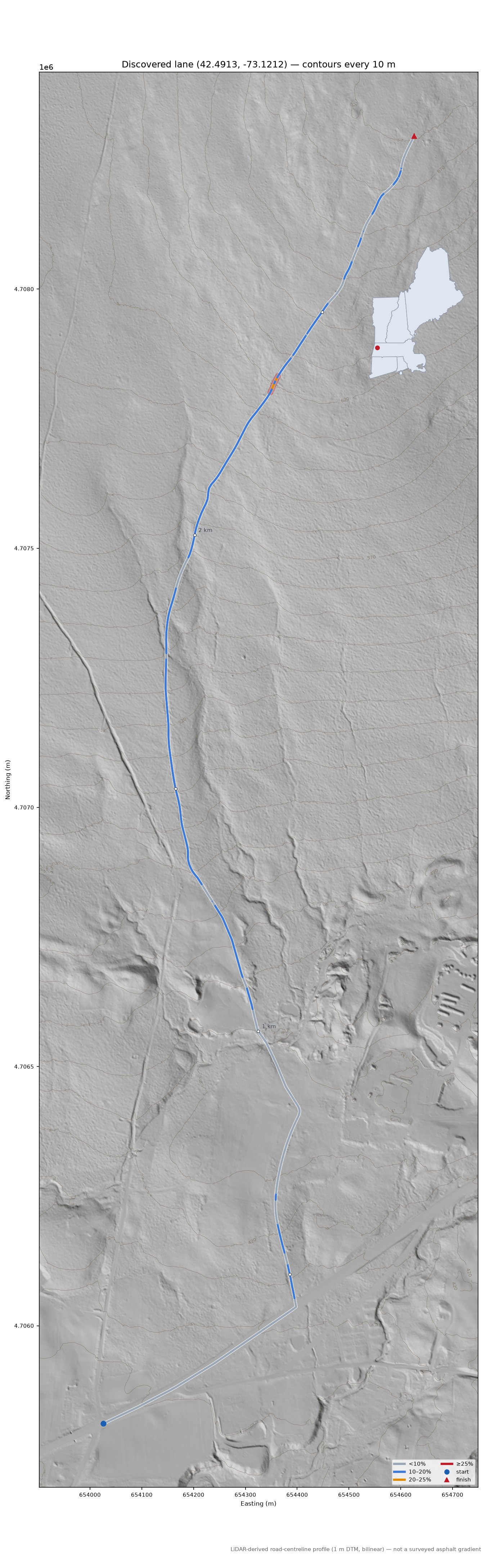 Discovered lane (42.4913, -73.1212) LiDAR hillshade map with contours