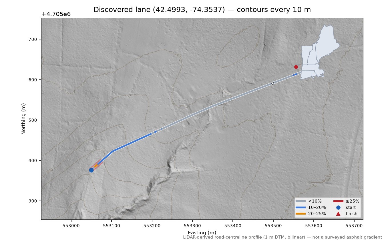 Discovered lane (42.4993, -74.3537) LiDAR hillshade map with contours