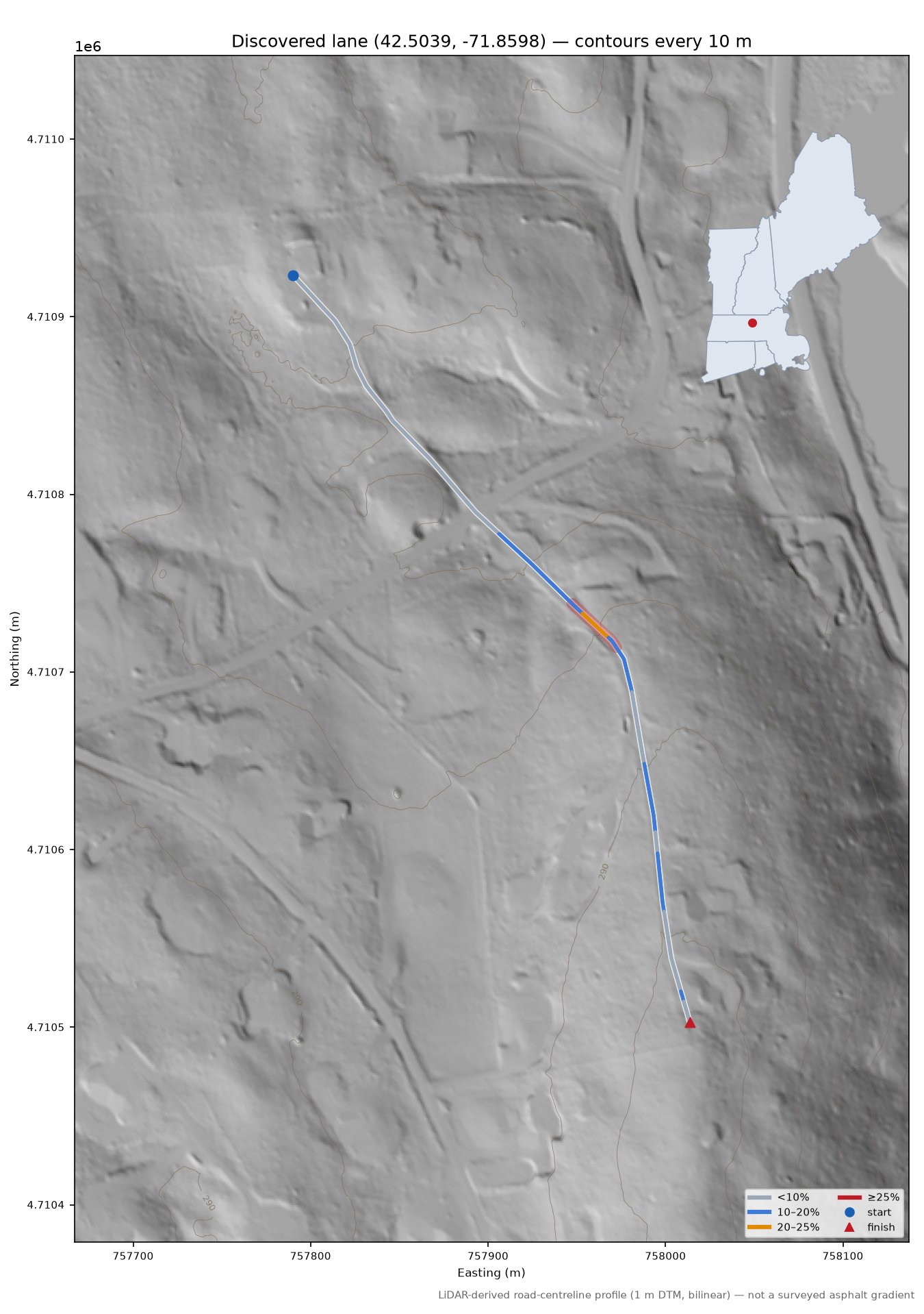 Discovered lane (42.5039, -71.8598) LiDAR hillshade map with contours