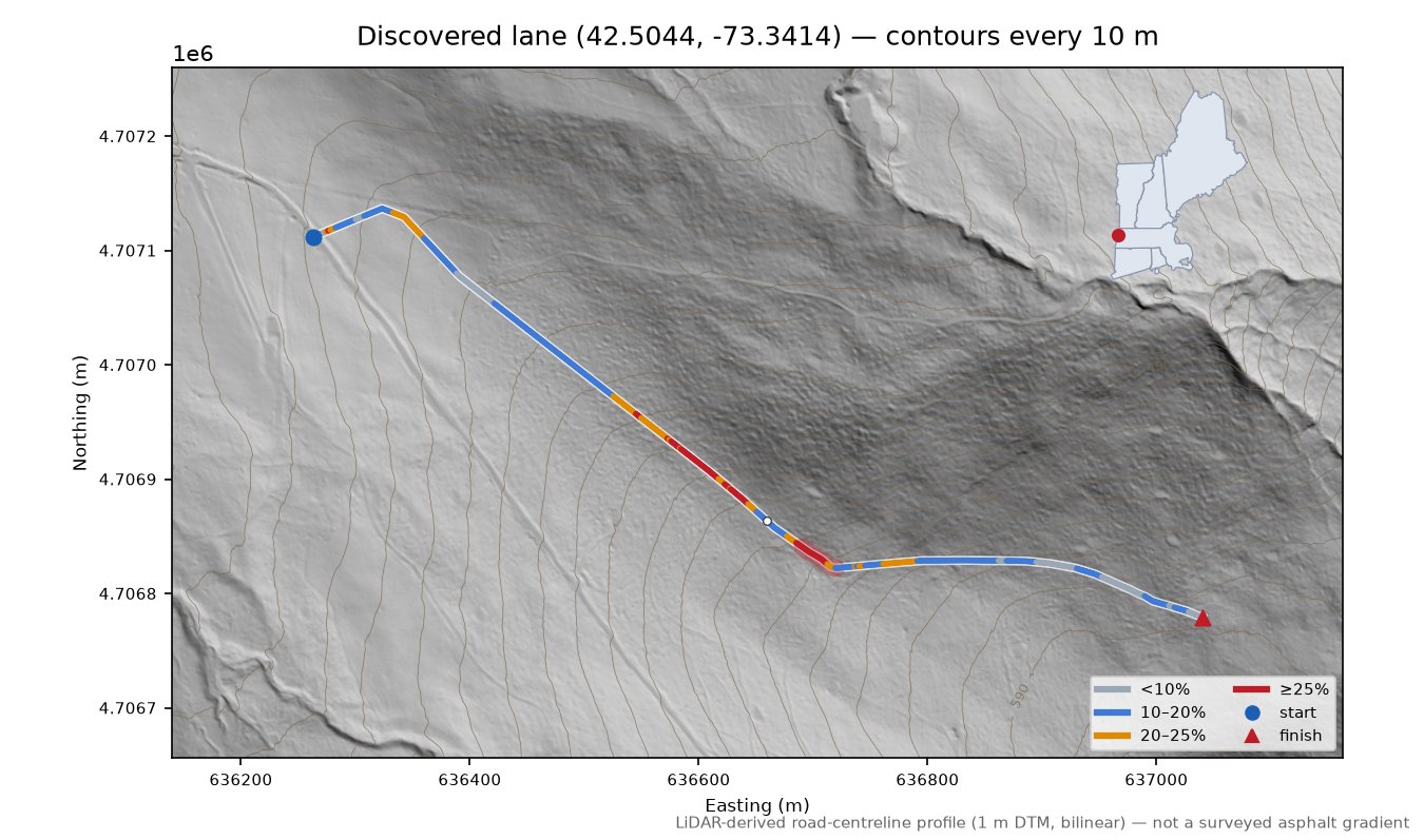 Discovered lane (42.5044, -73.3414) LiDAR hillshade map with contours