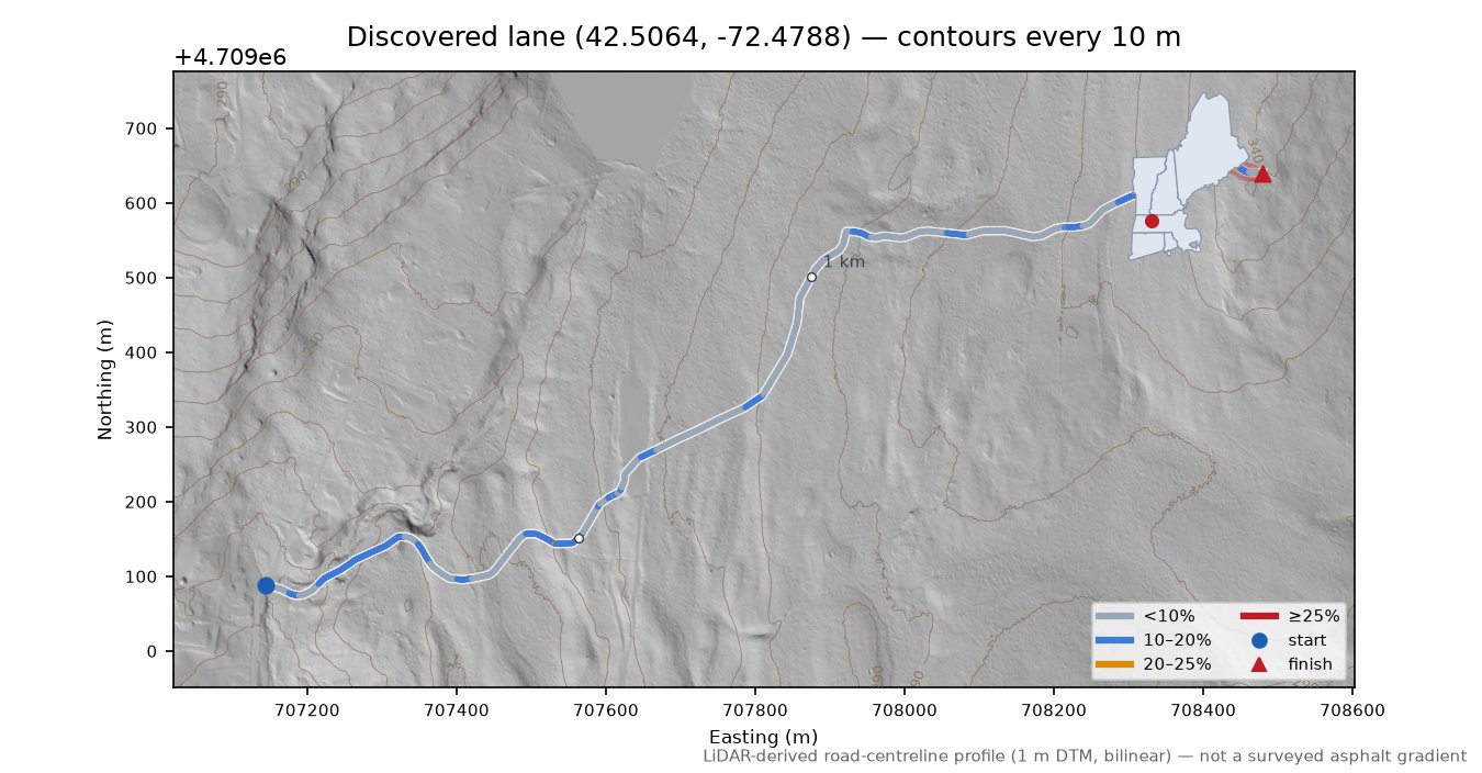 Discovered lane (42.5064, -72.4788) LiDAR hillshade map with contours