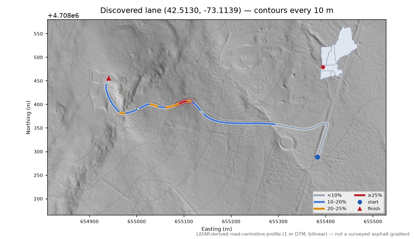 Discovered lane (42.5130, -73.1139) LiDAR hillshade map with contours