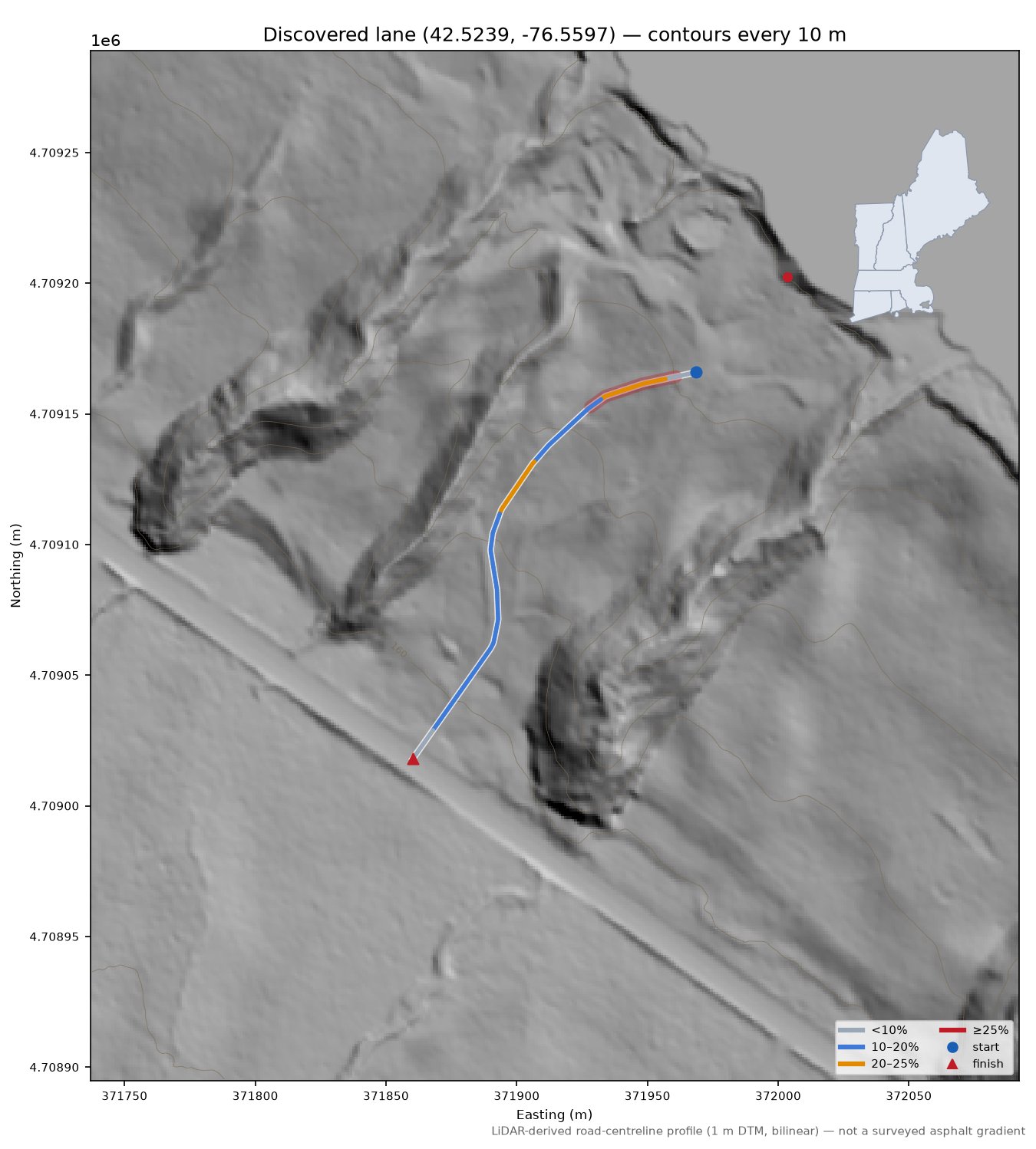 Discovered lane (42.5239, -76.5597) LiDAR hillshade map with contours