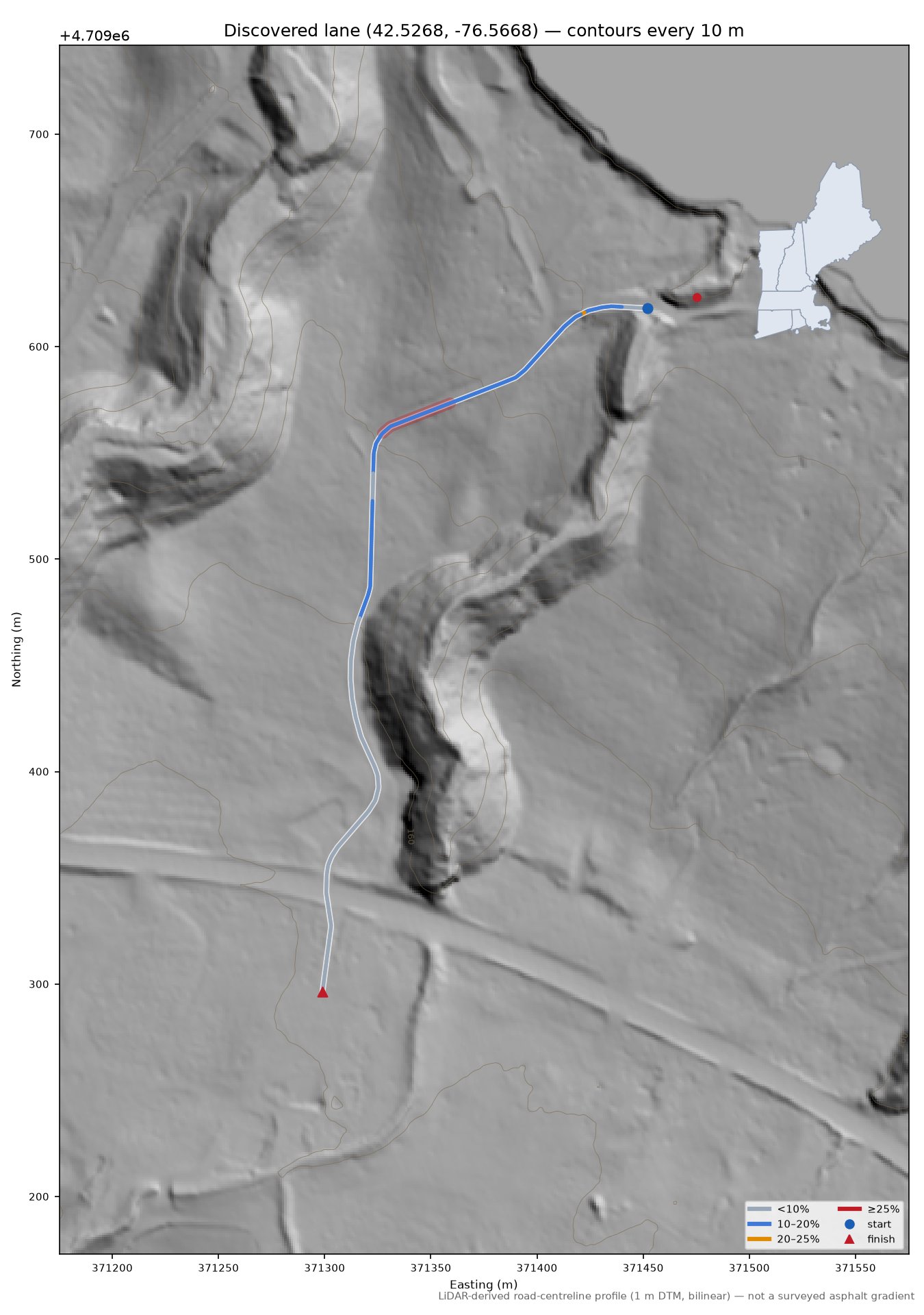 Discovered lane (42.5268, -76.5668) LiDAR hillshade map with contours