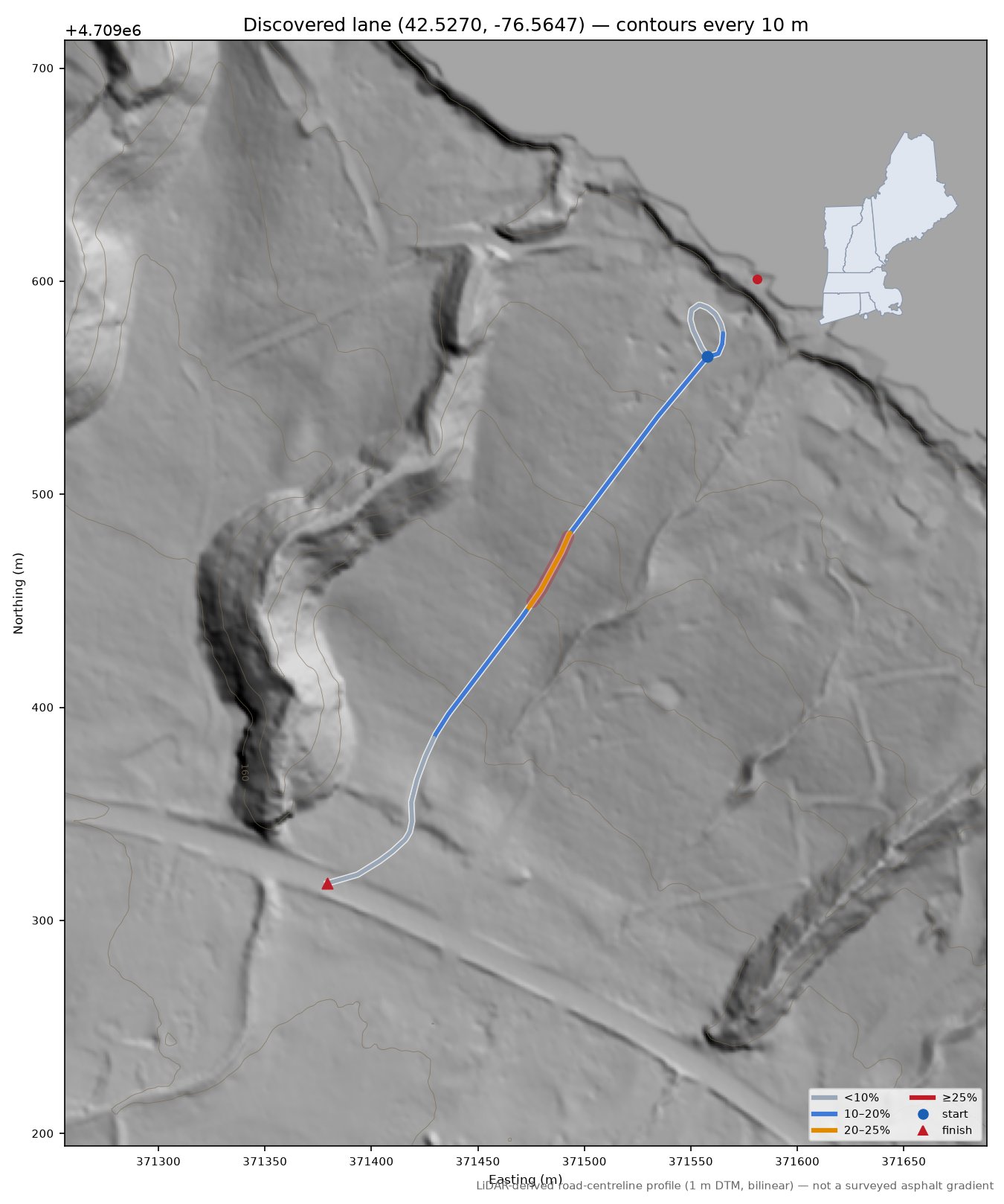 Discovered lane (42.5270, -76.5647) LiDAR hillshade map with contours