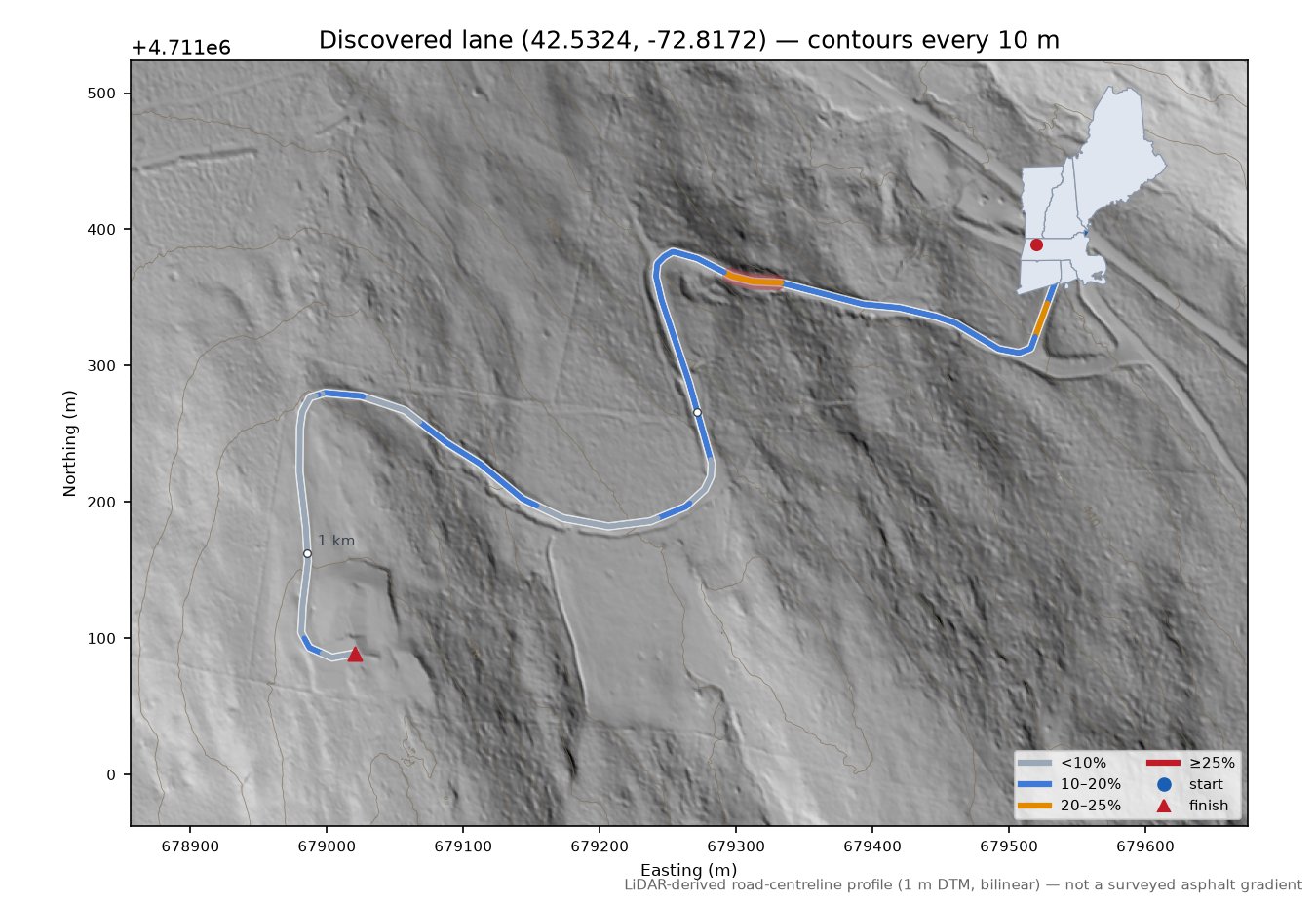 Discovered lane (42.5324, -72.8172) LiDAR hillshade map with contours