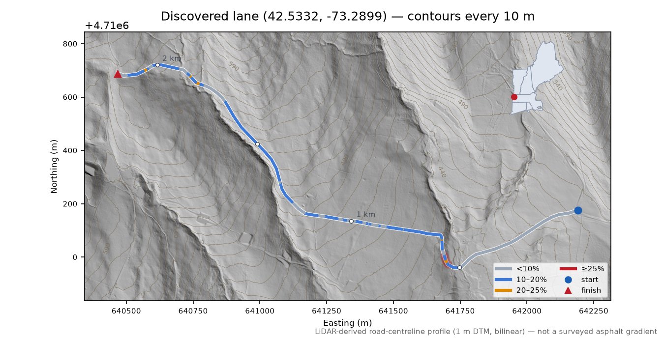 Discovered lane (42.5332, -73.2899) LiDAR hillshade map with contours