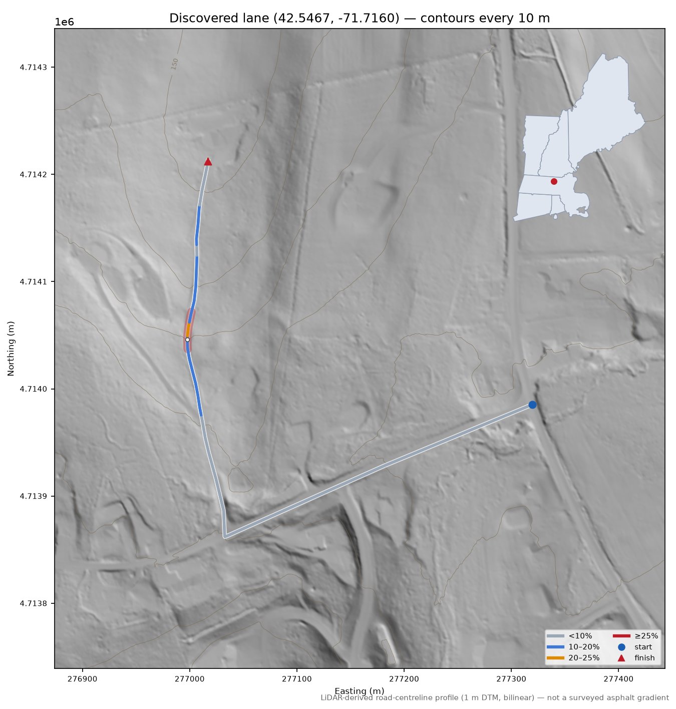 Discovered lane (42.5467, -71.7160) LiDAR hillshade map with contours