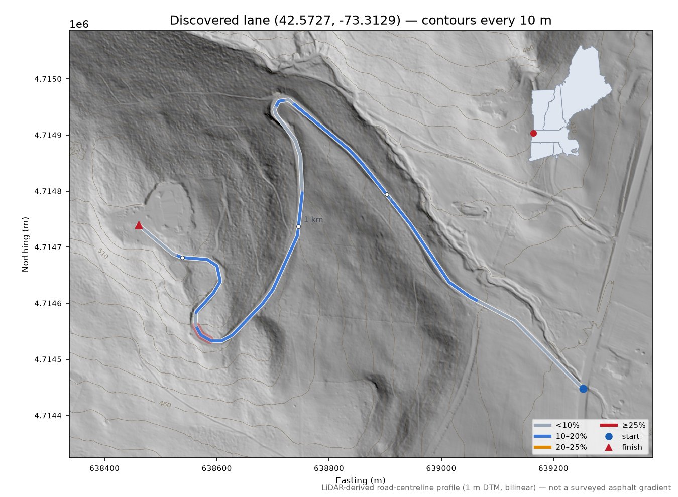 Discovered lane (42.5727, -73.3129) LiDAR hillshade map with contours