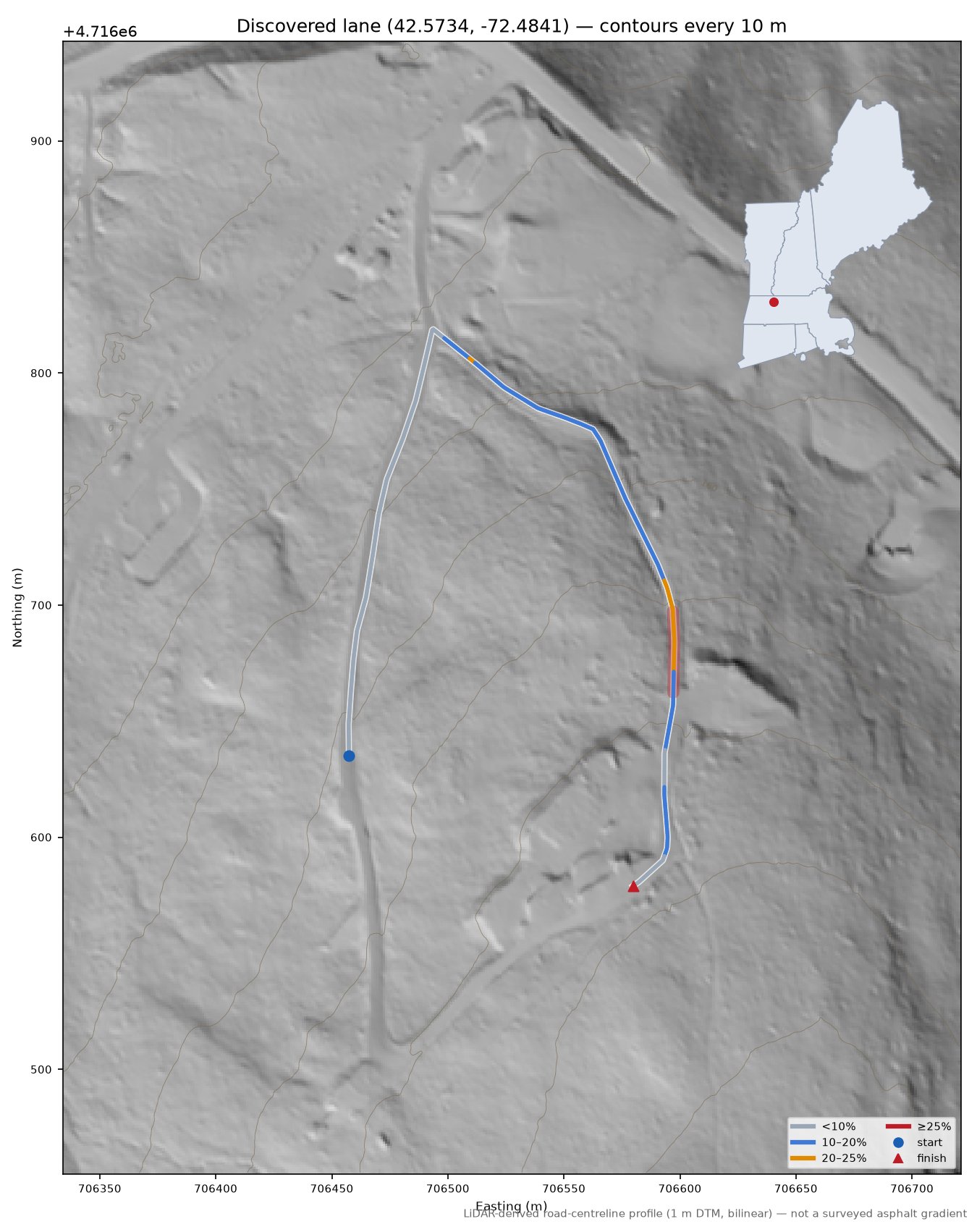 Discovered lane (42.5734, -72.4841) LiDAR hillshade map with contours