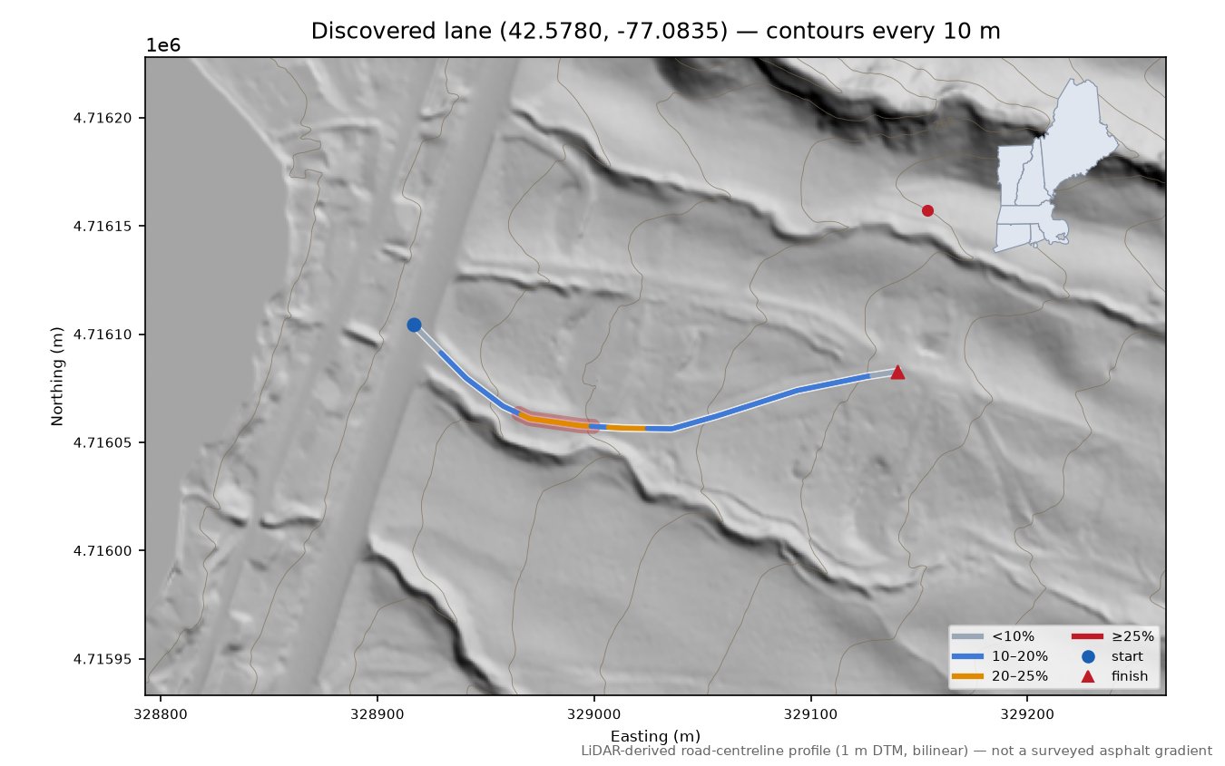 Discovered lane (42.5780, -77.0835) LiDAR hillshade map with contours