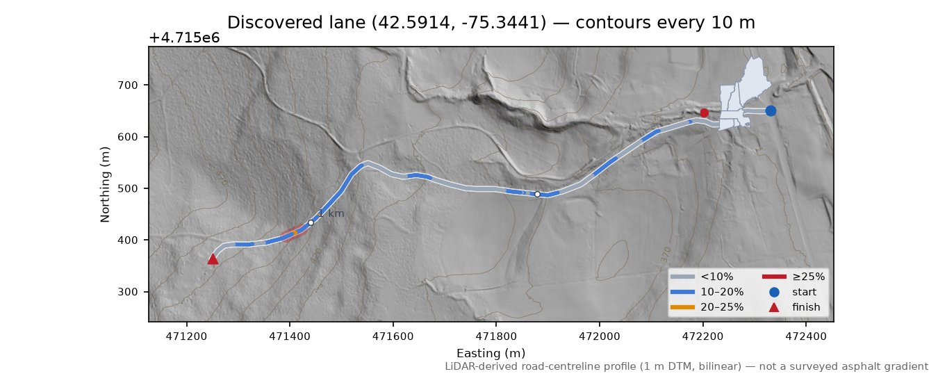 Discovered lane (42.5914, -75.3441) LiDAR hillshade map with contours