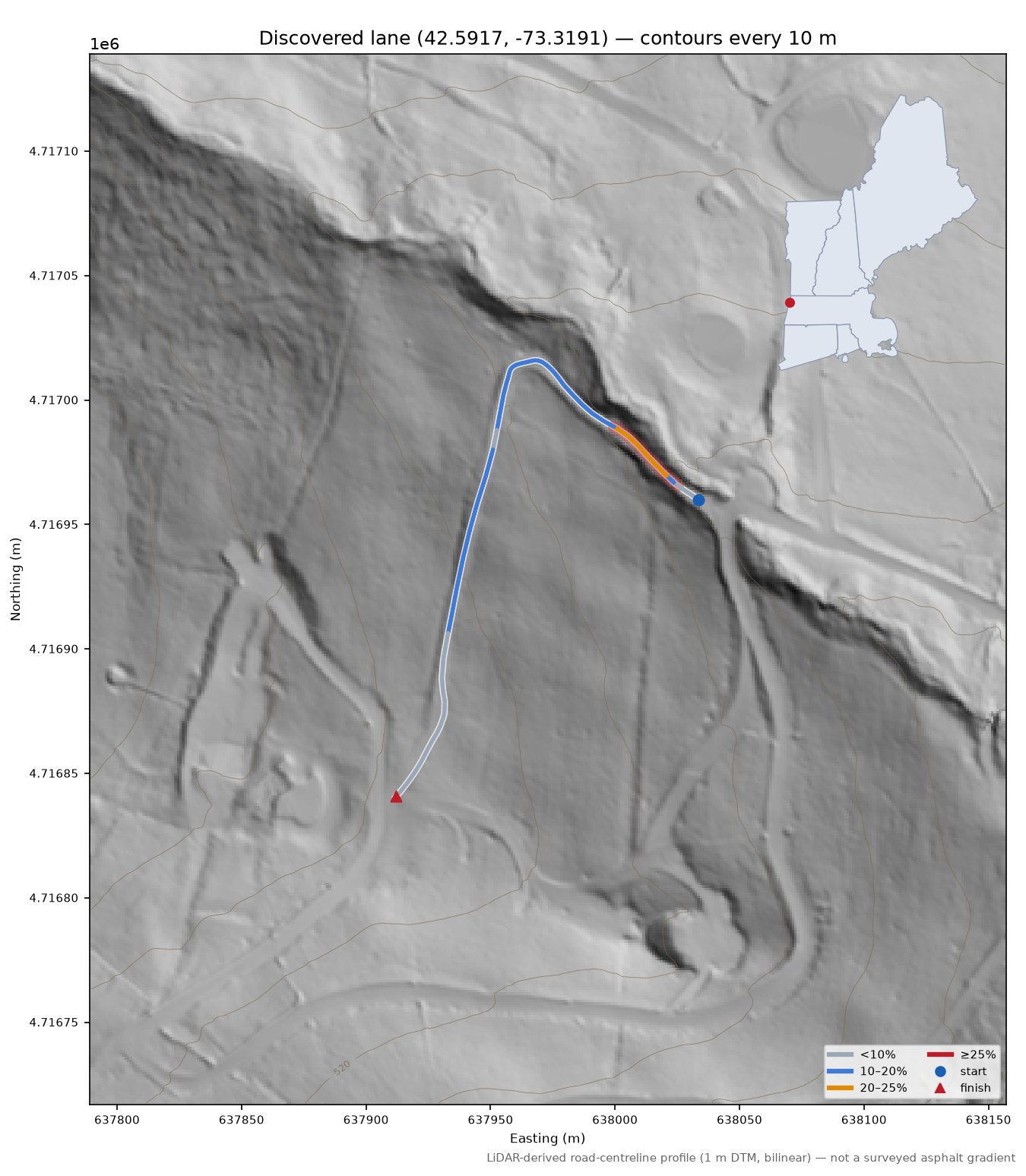Discovered lane (42.5917, -73.3191) LiDAR hillshade map with contours