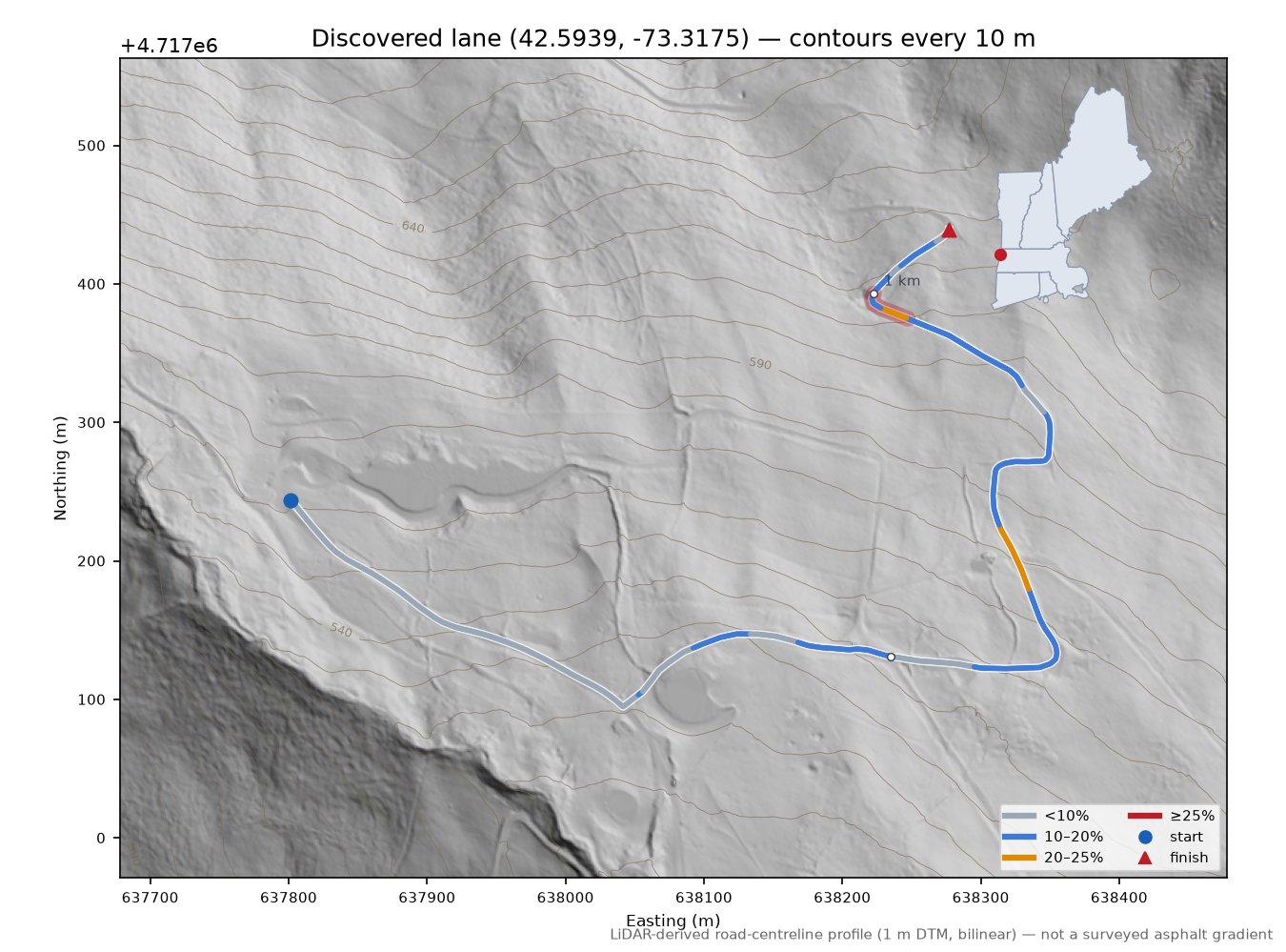 Discovered lane (42.5939, -73.3175) LiDAR hillshade map with contours