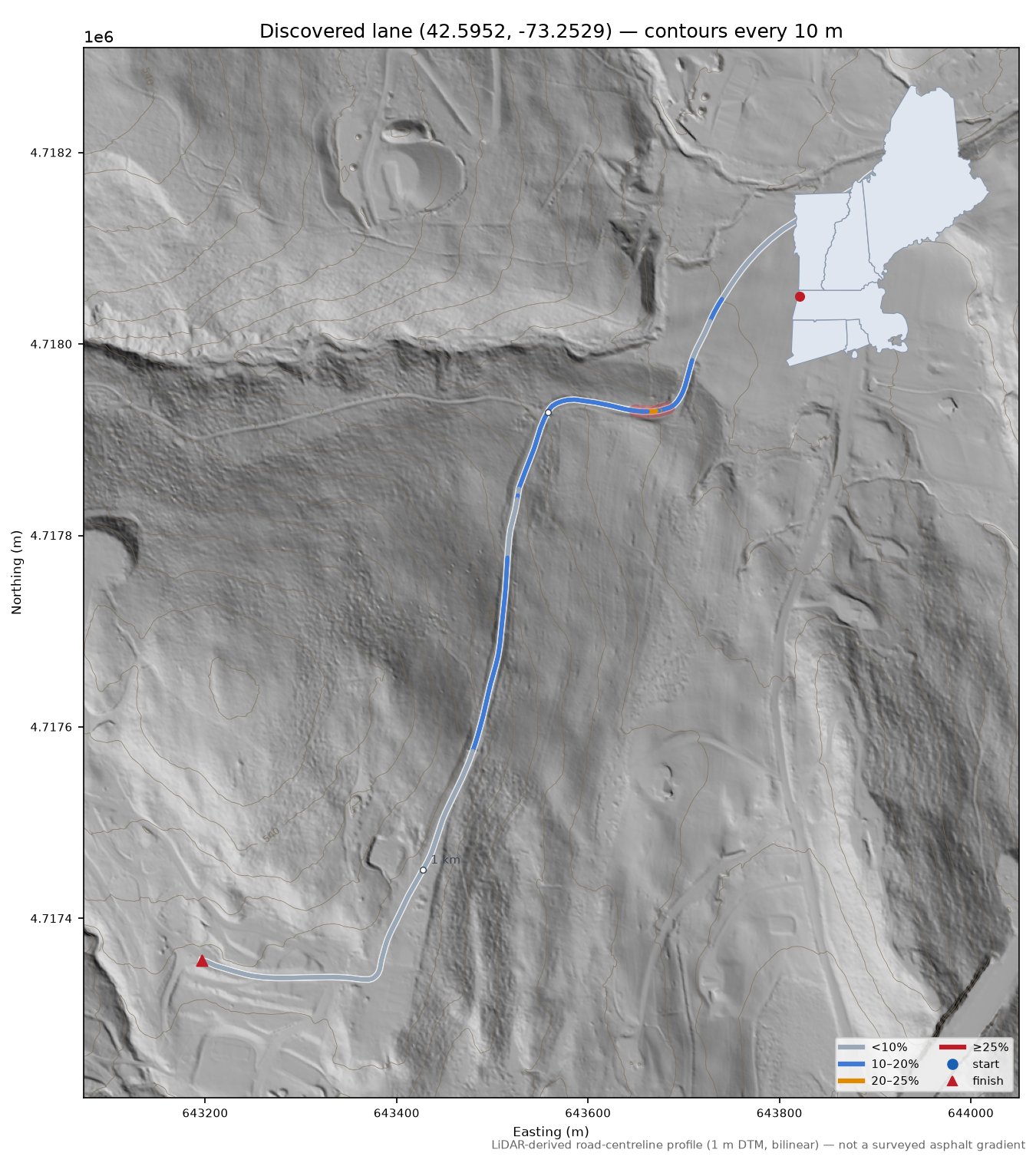 Discovered lane (42.5952, -73.2529) LiDAR hillshade map with contours