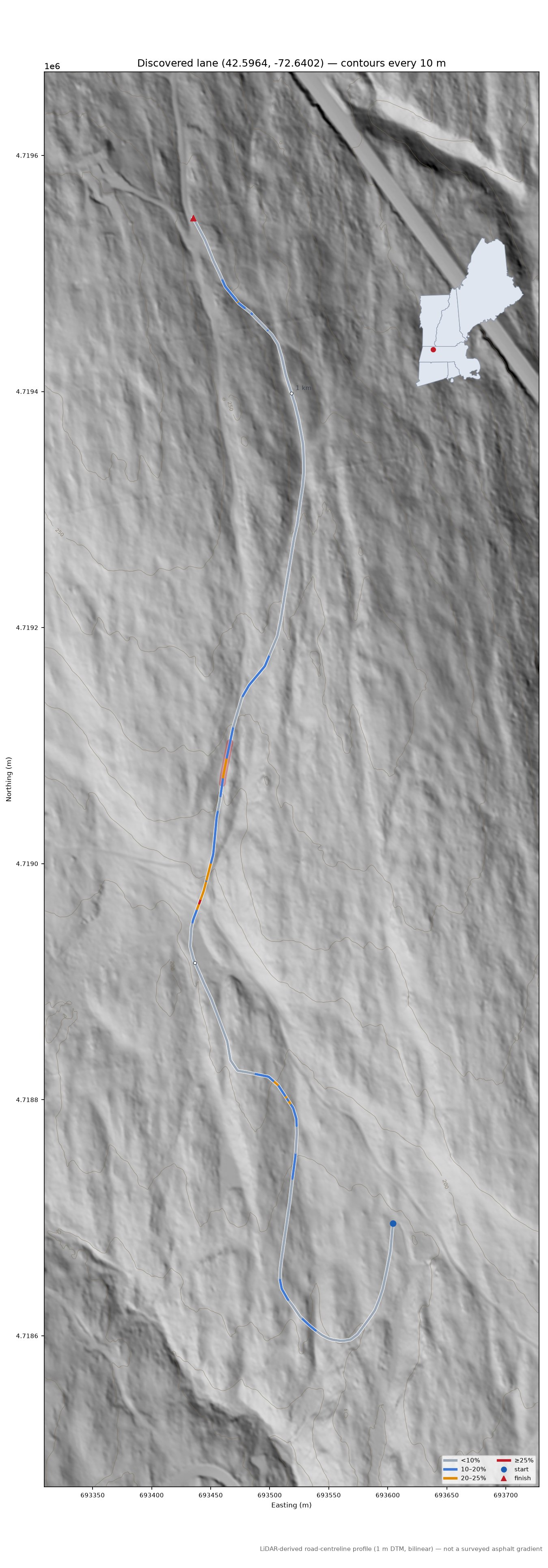 Discovered lane (42.5964, -72.6402) LiDAR hillshade map with contours