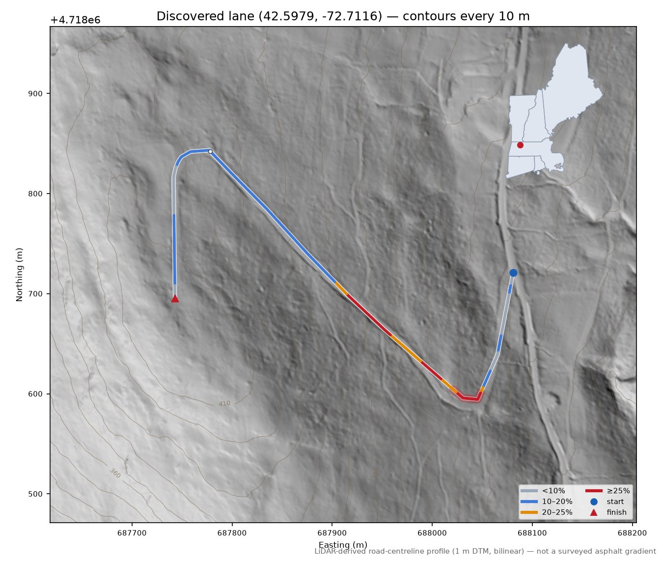 Discovered lane (42.5979, -72.7116) LiDAR hillshade map with contours