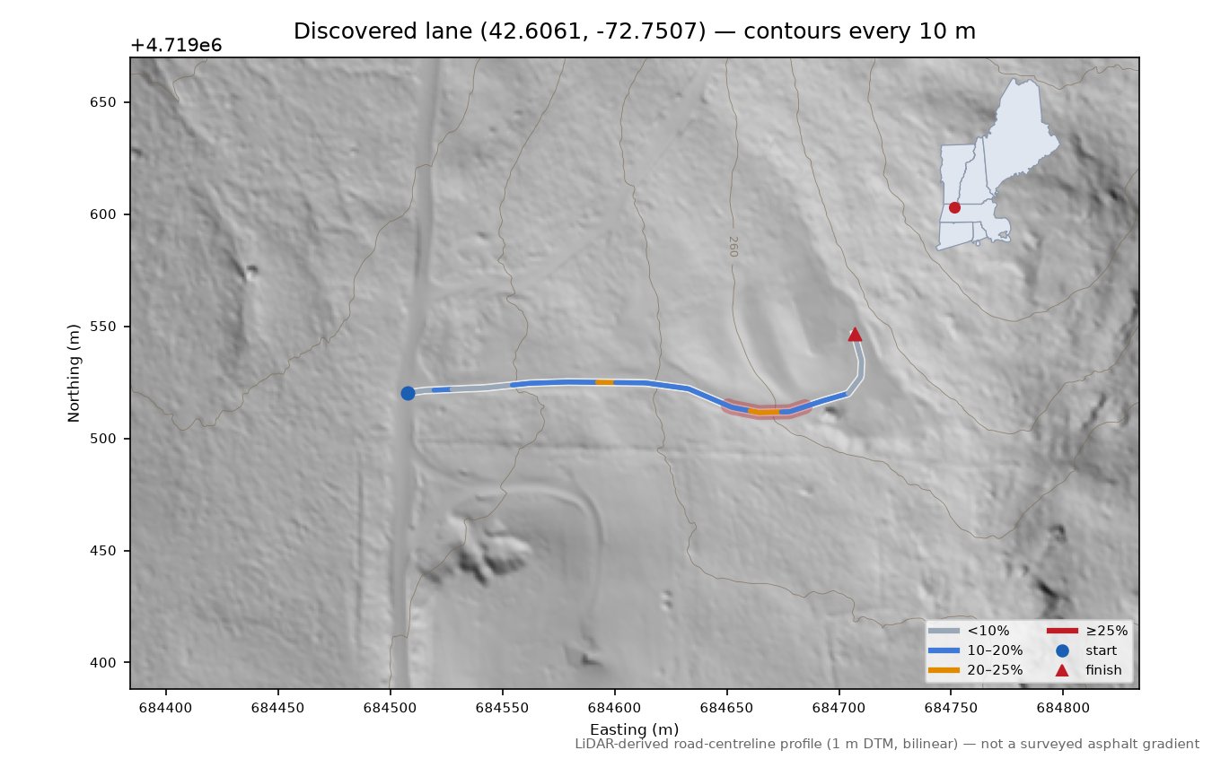 Discovered lane (42.6061, -72.7507) LiDAR hillshade map with contours