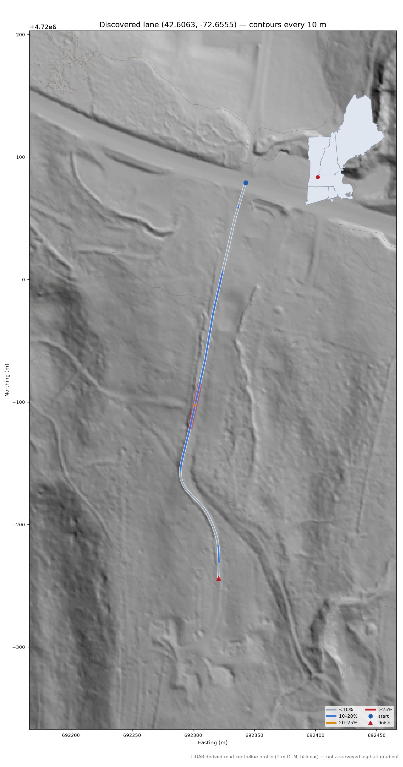 Discovered lane (42.6063, -72.6555) LiDAR hillshade map with contours