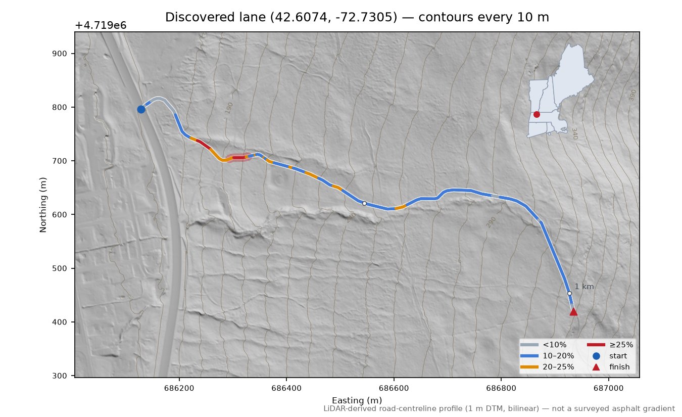 Discovered lane (42.6074, -72.7305) LiDAR hillshade map with contours
