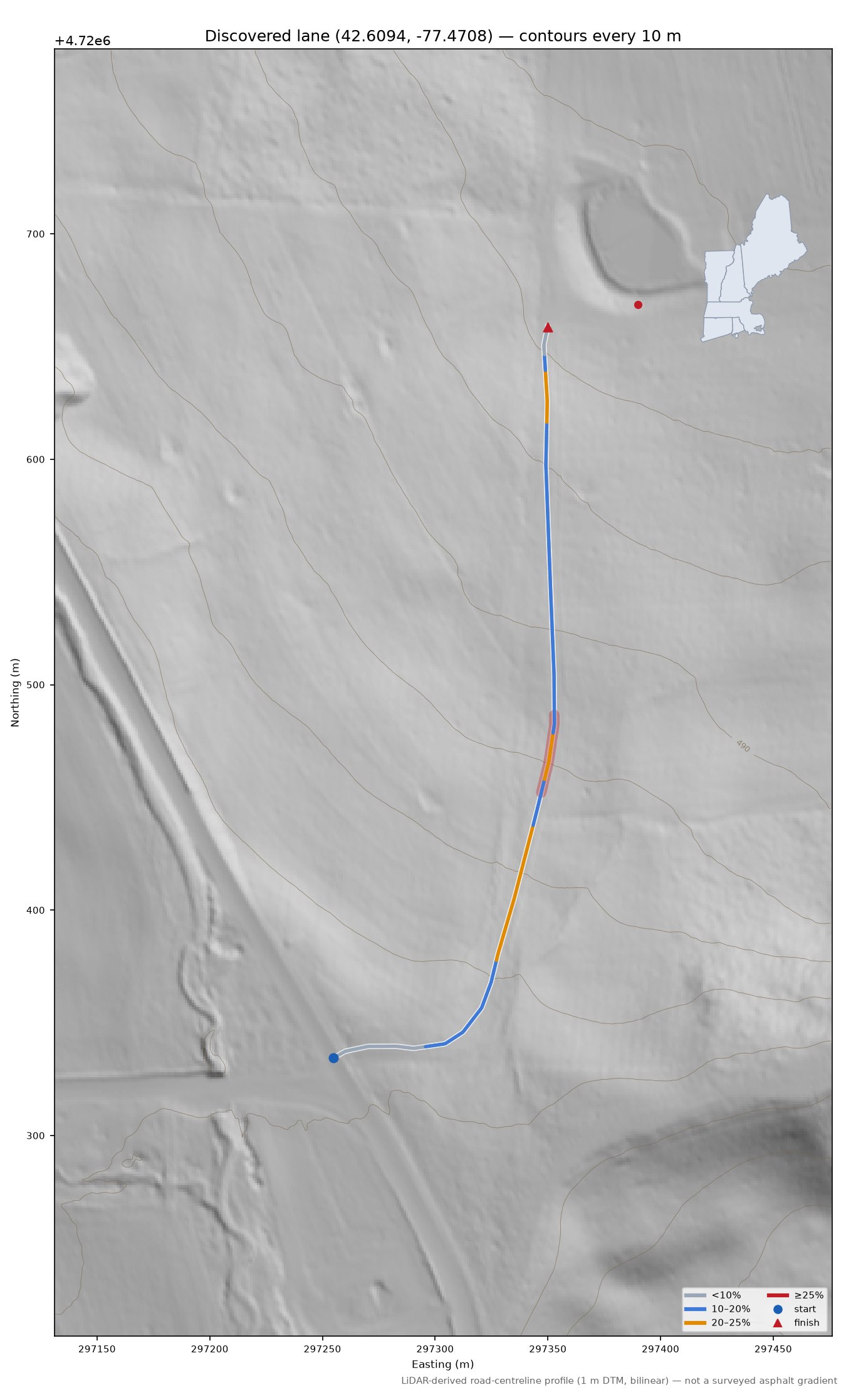 Discovered lane (42.6094, -77.4708) LiDAR hillshade map with contours