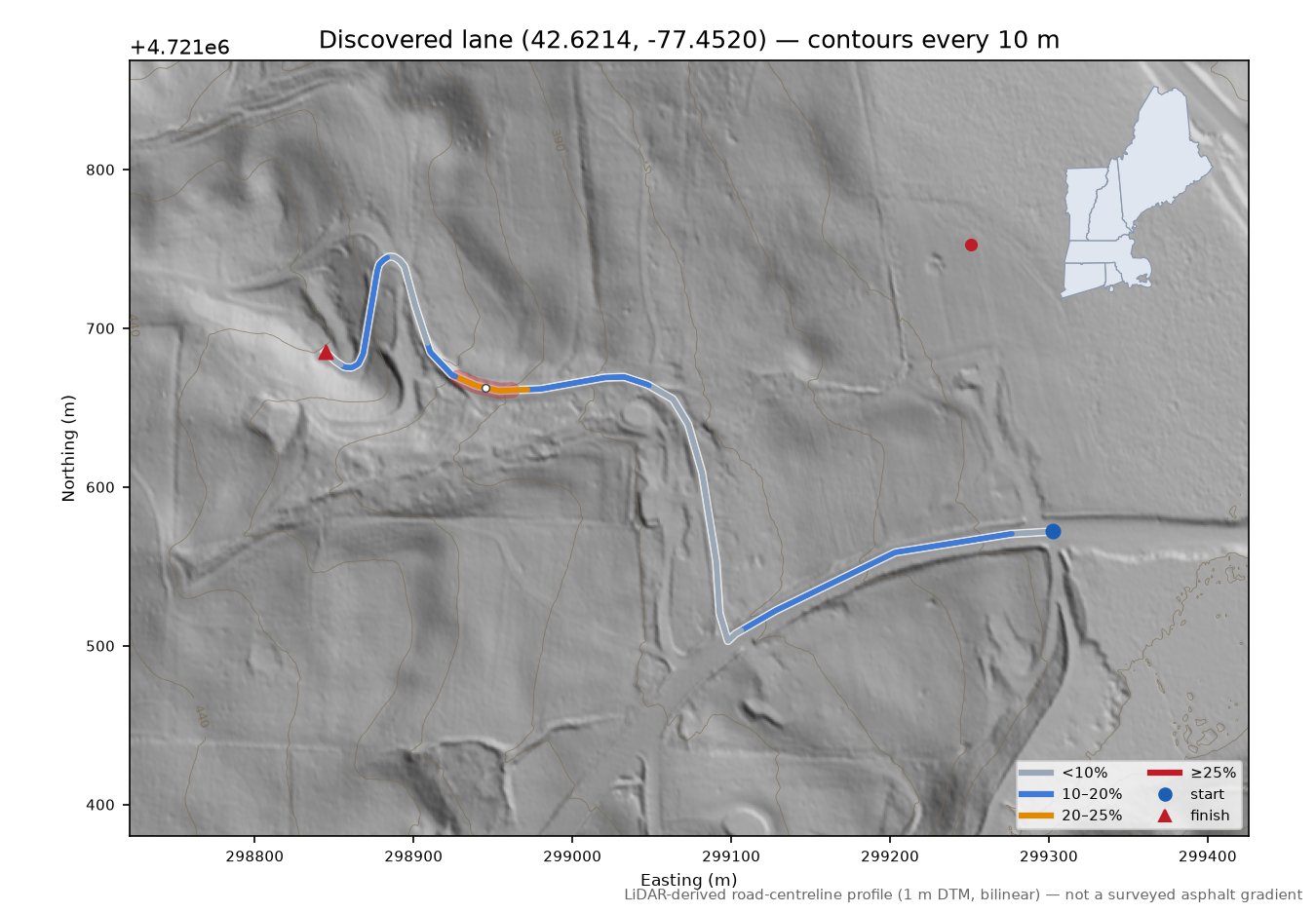 Discovered lane (42.6214, -77.4520) LiDAR hillshade map with contours