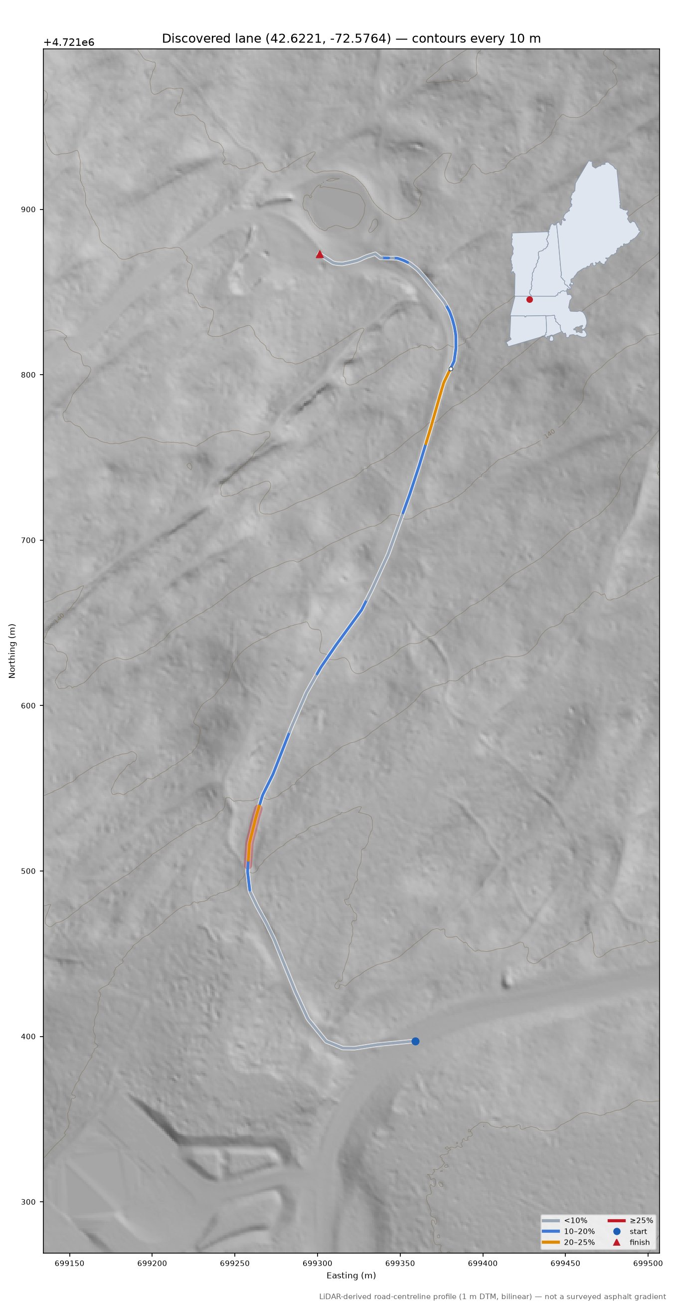 Discovered lane (42.6221, -72.5764) LiDAR hillshade map with contours