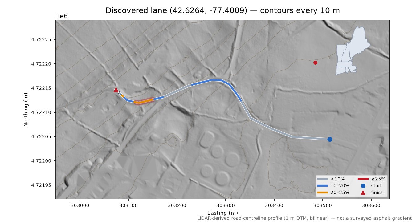 Discovered lane (42.6264, -77.4009) LiDAR hillshade map with contours