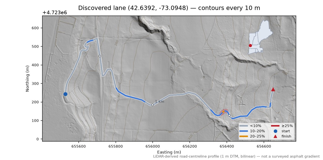 Discovered lane (42.6392, -73.0948) LiDAR hillshade map with contours