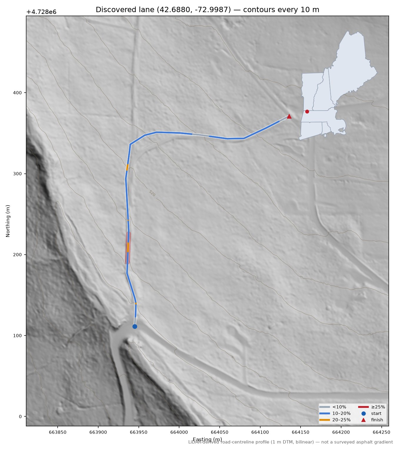 Discovered lane (42.6880, -72.9987) LiDAR hillshade map with contours