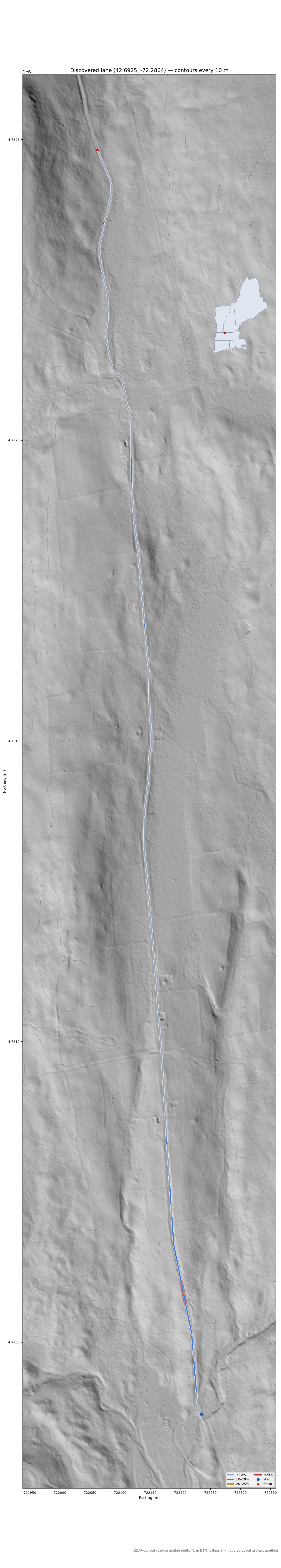 Discovered lane (42.6925, -72.2864) LiDAR hillshade map with contours