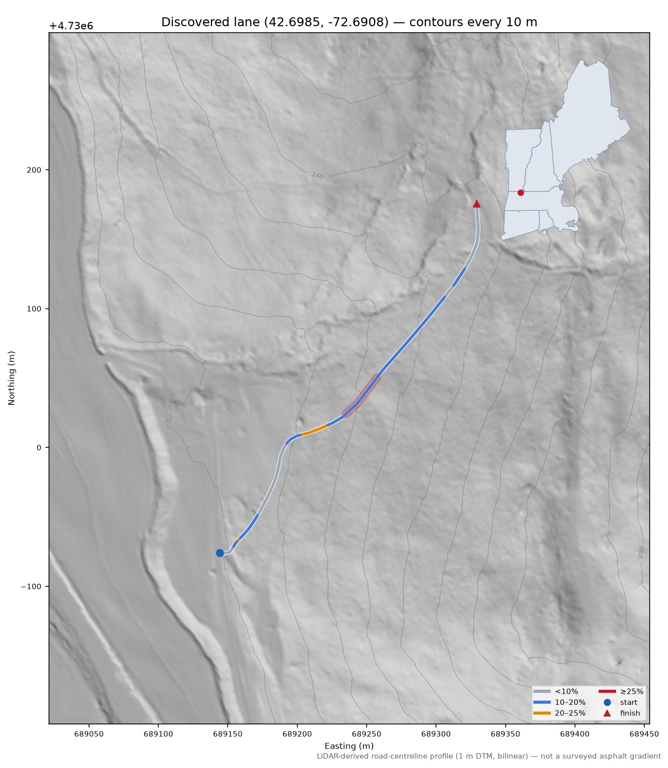 Discovered lane (42.6985, -72.6908) LiDAR hillshade map with contours