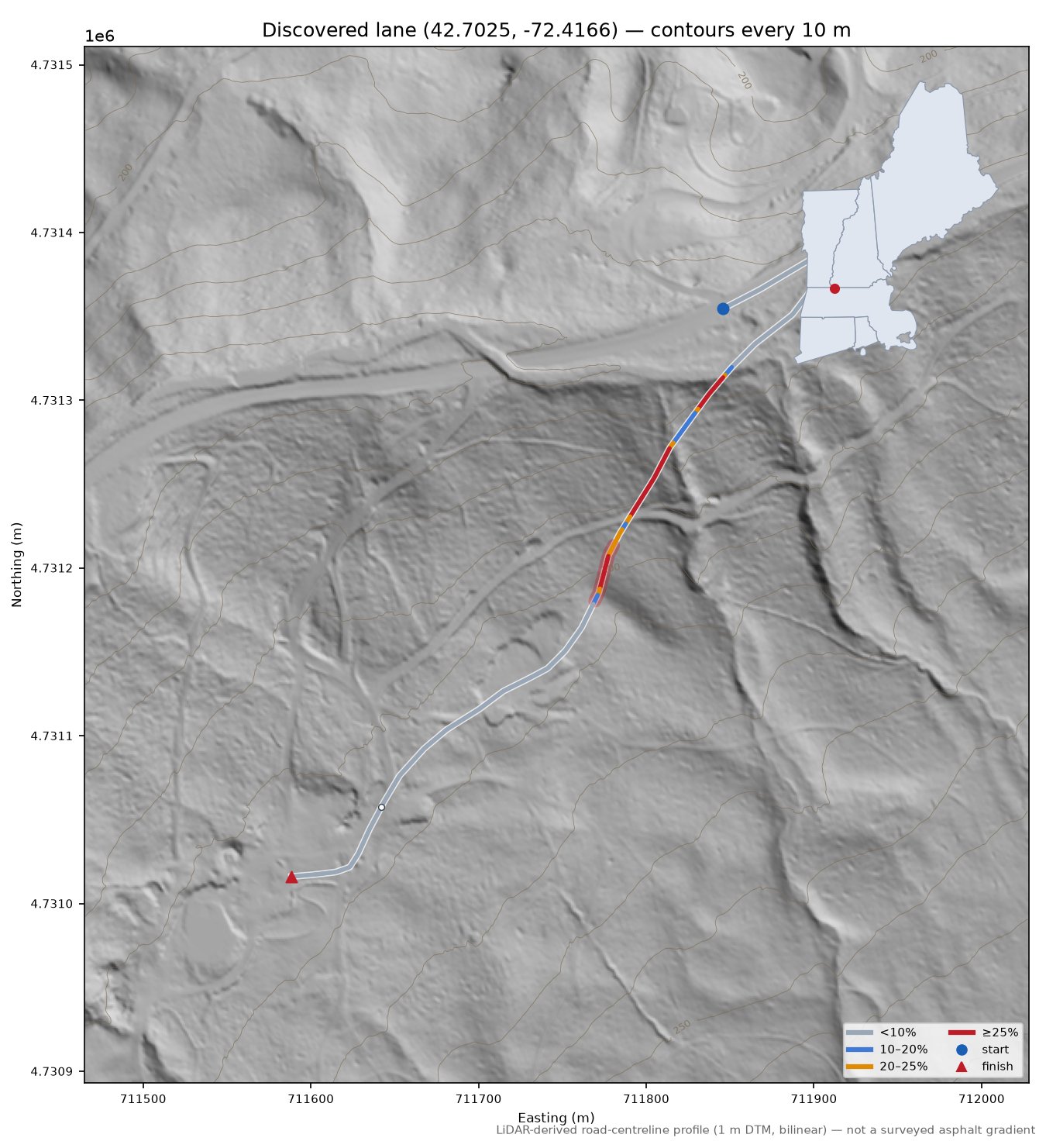 Discovered lane (42.7025, -72.4166) LiDAR hillshade map with contours