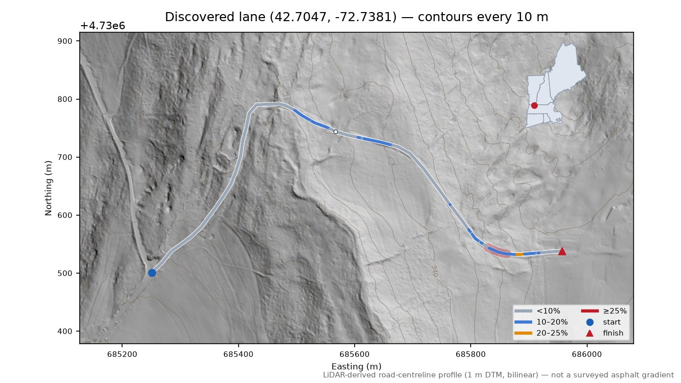 Discovered lane (42.7047, -72.7381) LiDAR hillshade map with contours