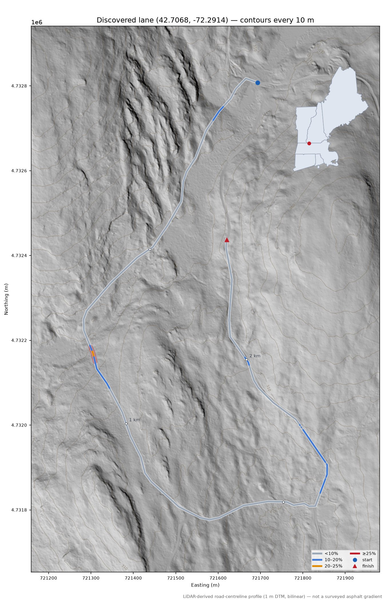 Discovered lane (42.7068, -72.2914) LiDAR hillshade map with contours
