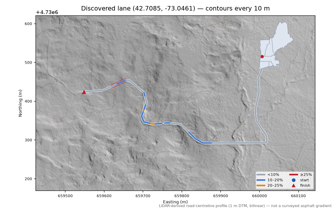 Discovered lane (42.7085, -73.0461) LiDAR hillshade map with contours