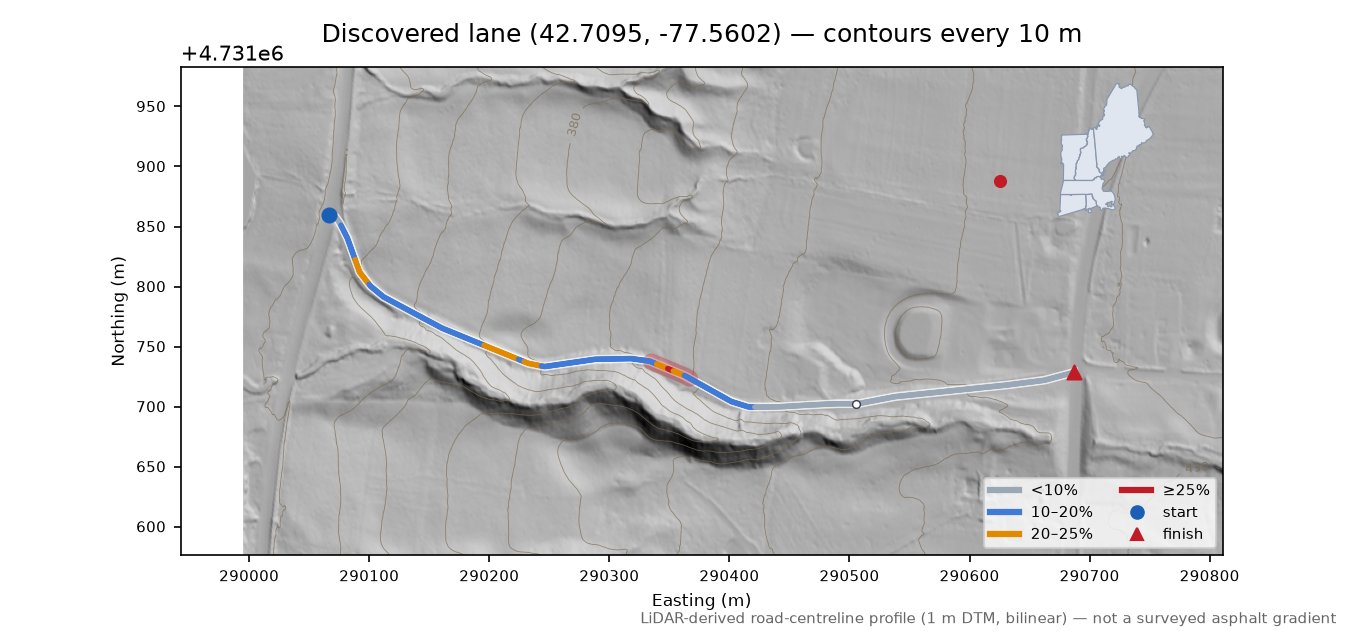 Discovered lane (42.7095, -77.5602) LiDAR hillshade map with contours