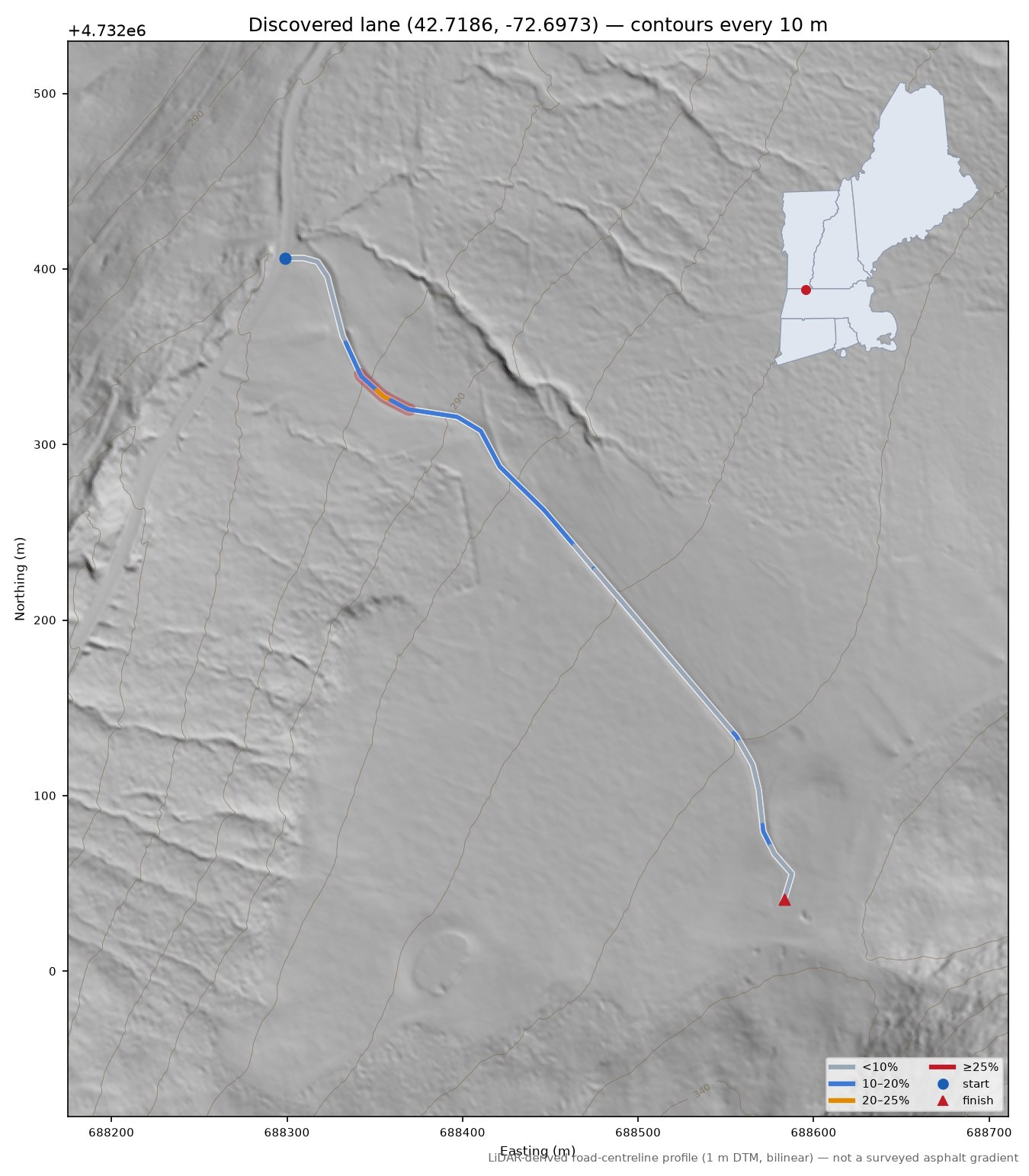 Discovered lane (42.7186, -72.6973) LiDAR hillshade map with contours