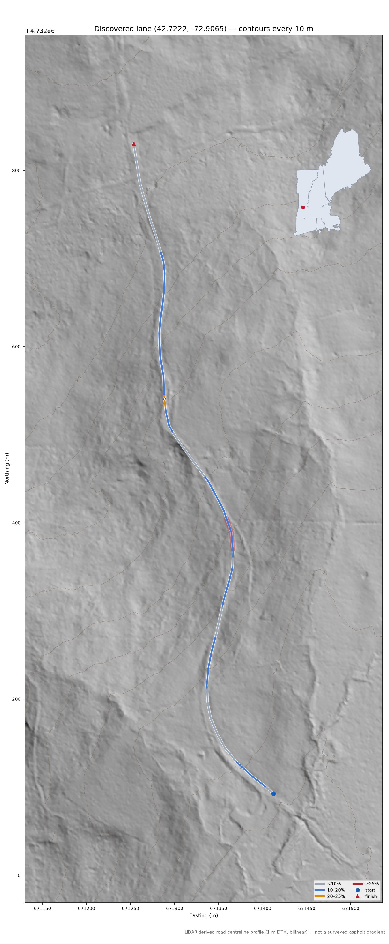 Discovered lane (42.7222, -72.9065) LiDAR hillshade map with contours