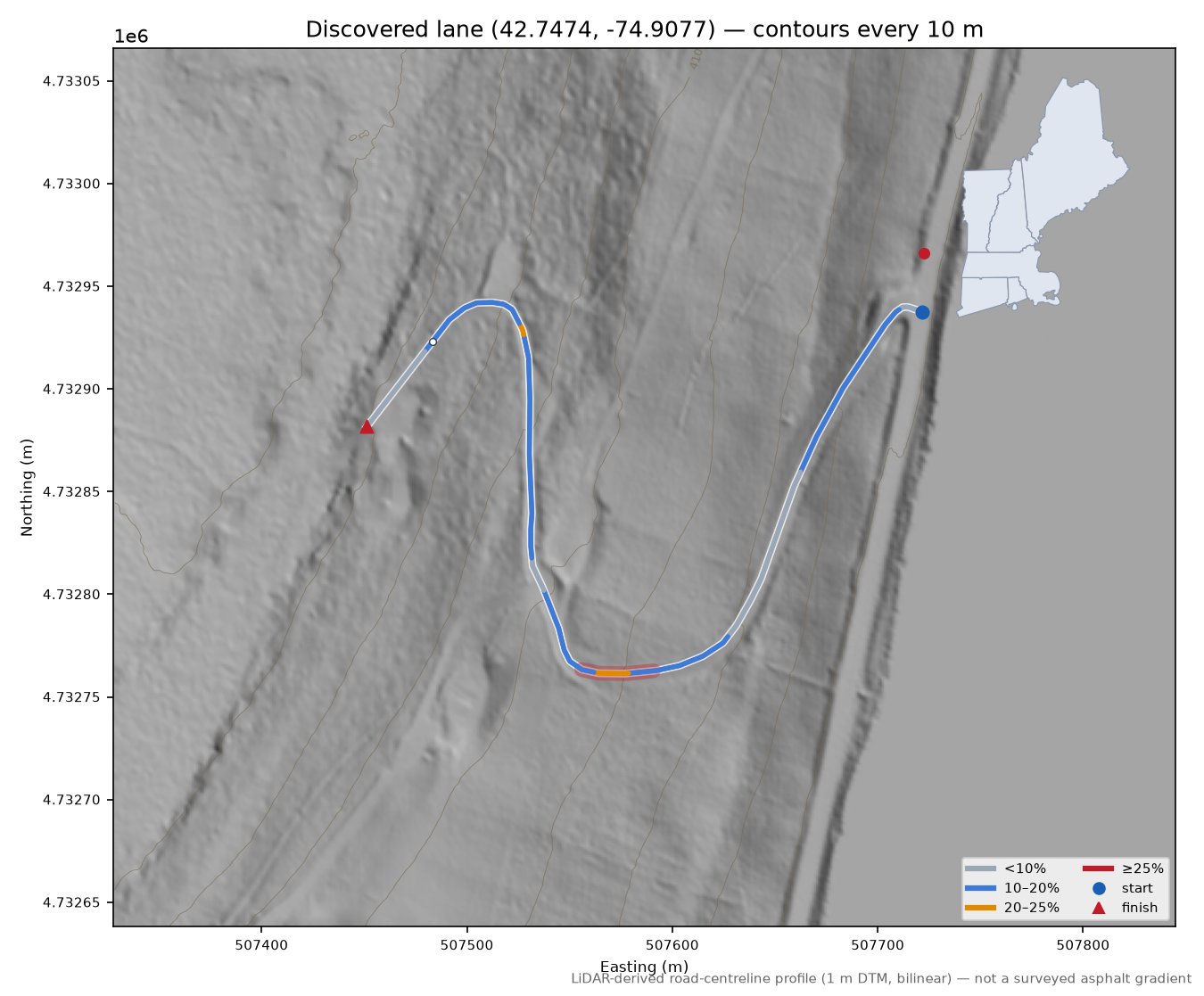 Discovered lane (42.7474, -74.9077) LiDAR hillshade map with contours
