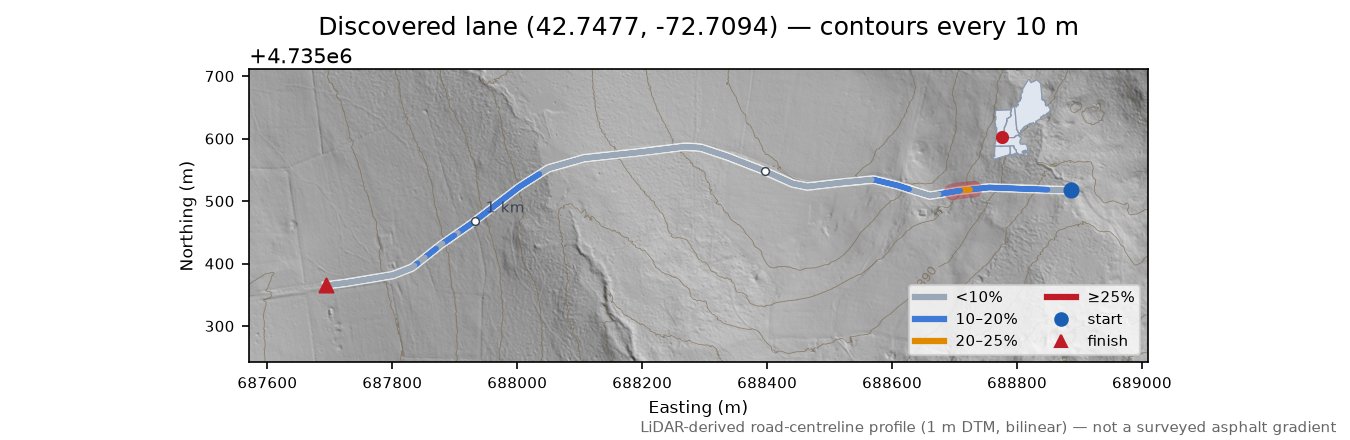 Discovered lane (42.7477, -72.7094) LiDAR hillshade map with contours