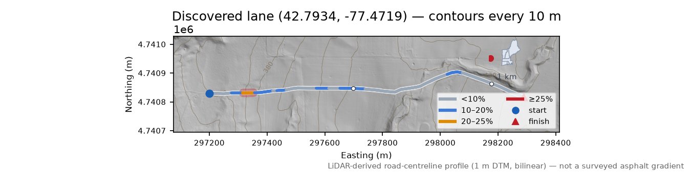 Discovered lane (42.7934, -77.4719) LiDAR hillshade map with contours
