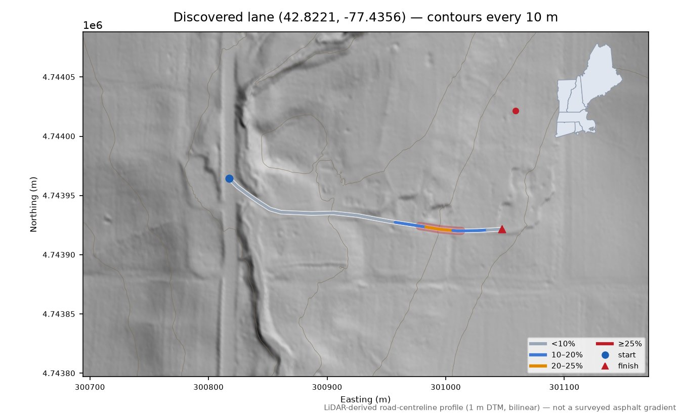 Discovered lane (42.8221, -77.4356) LiDAR hillshade map with contours