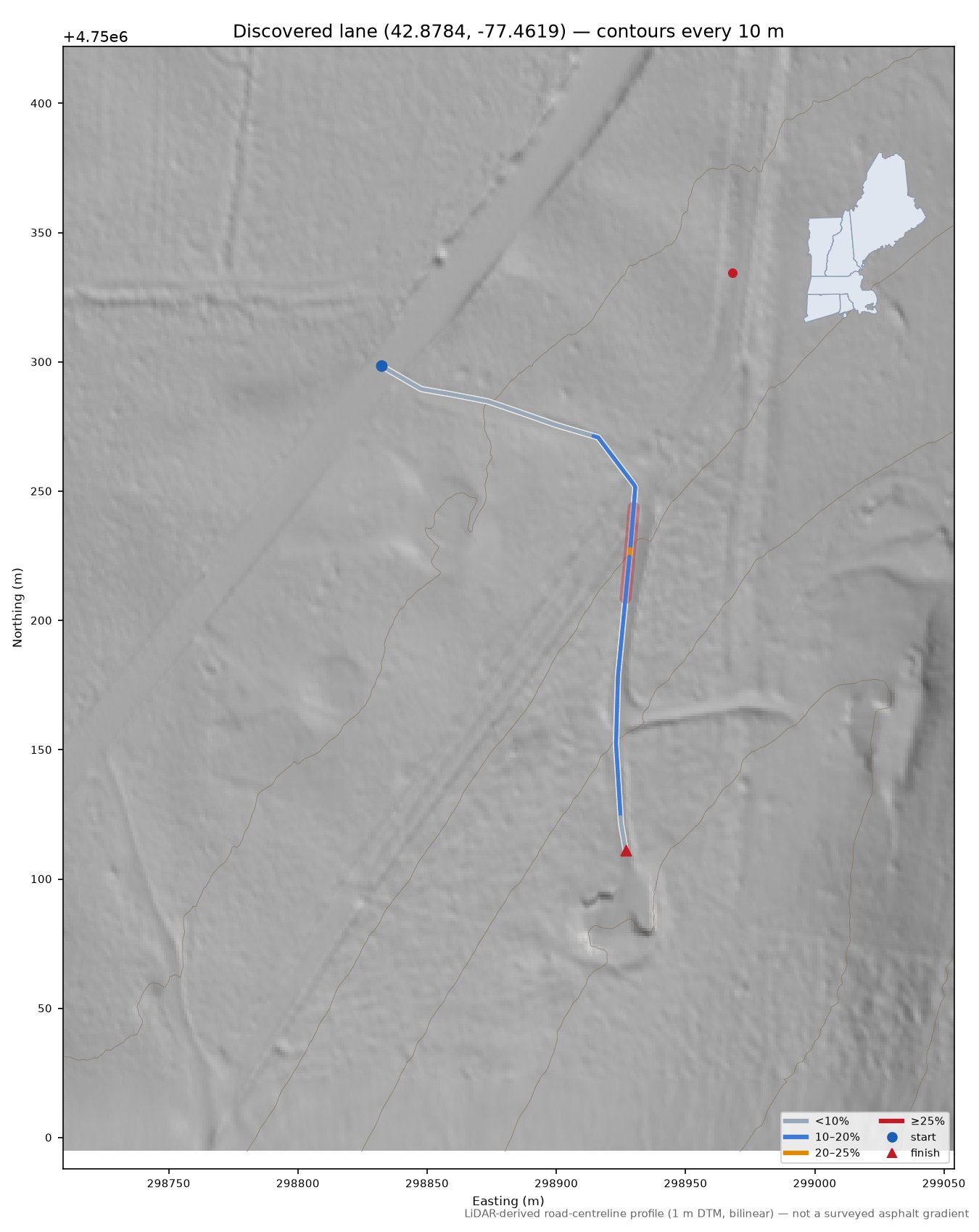 Discovered lane (42.8784, -77.4619) LiDAR hillshade map with contours