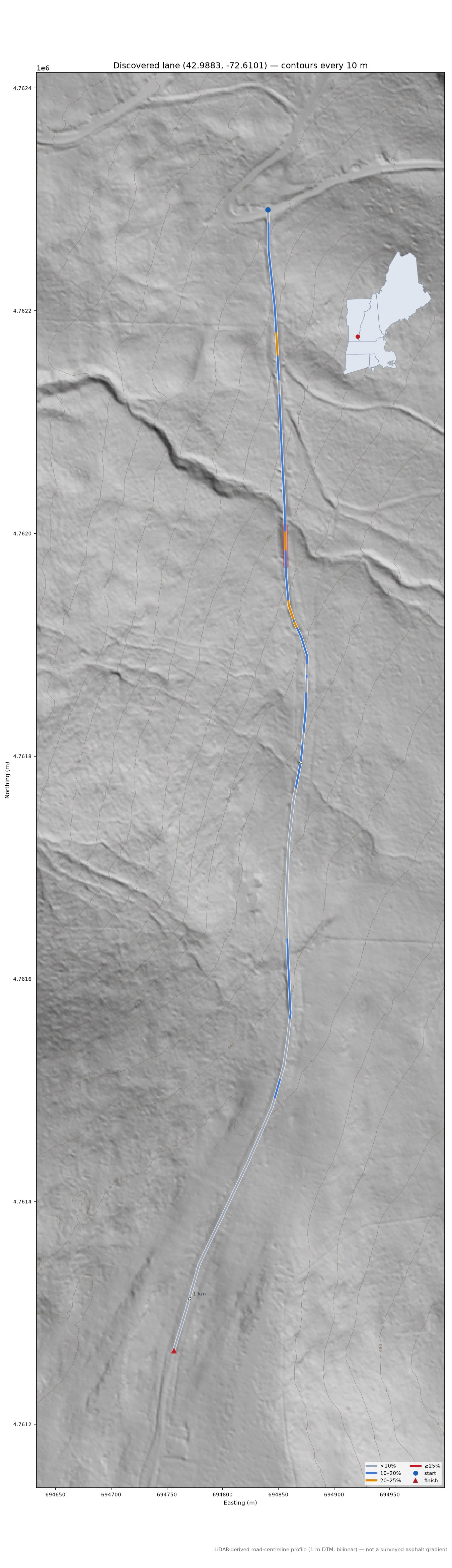 Discovered lane (42.9883, -72.6101) LiDAR hillshade map with contours