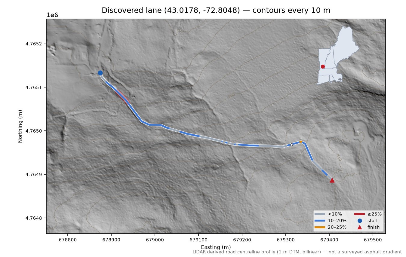 Discovered lane (43.0178, -72.8048) LiDAR hillshade map with contours