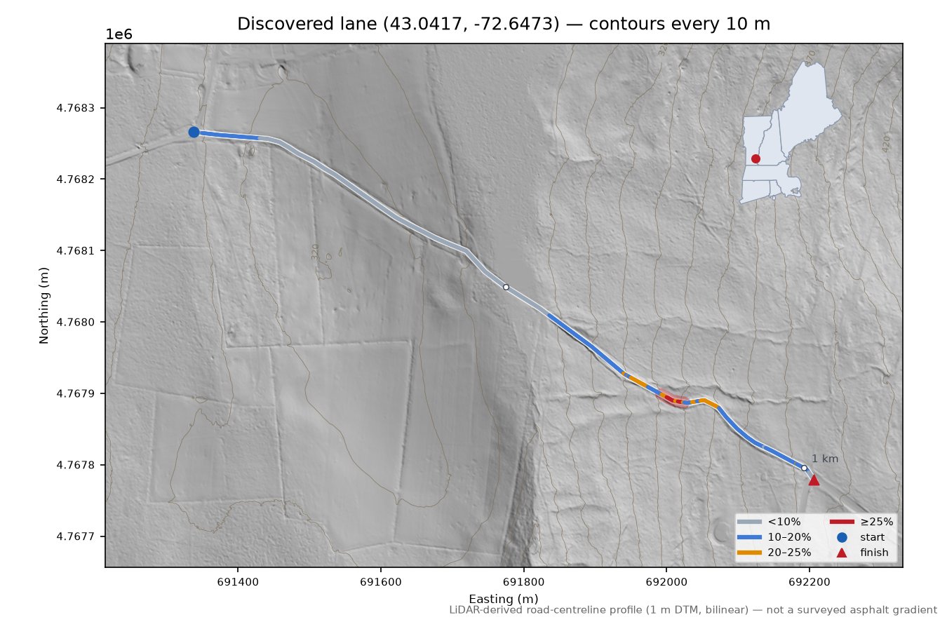 Discovered lane (43.0417, -72.6473) LiDAR hillshade map with contours