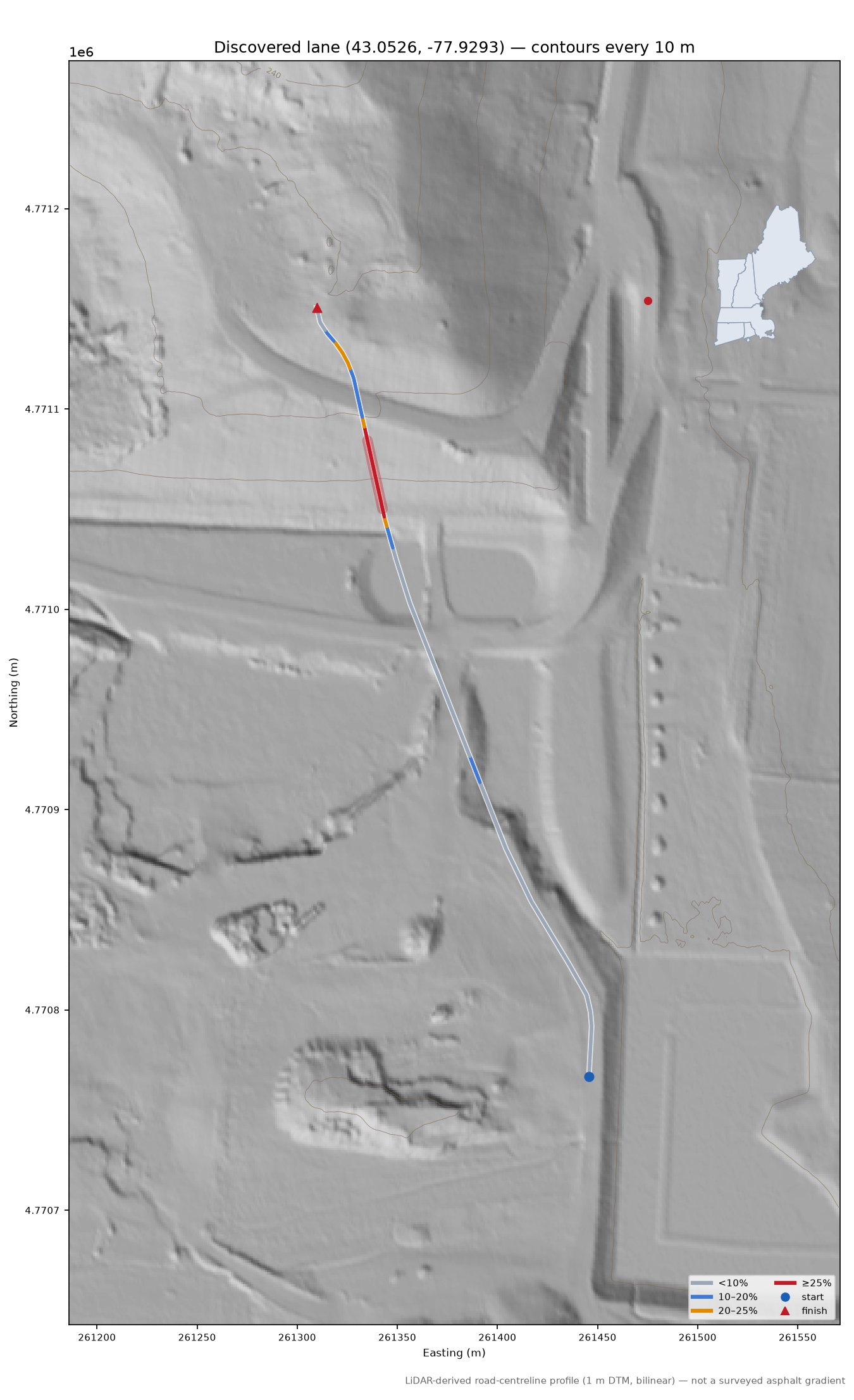 Discovered lane (43.0526, -77.9293) LiDAR hillshade map with contours